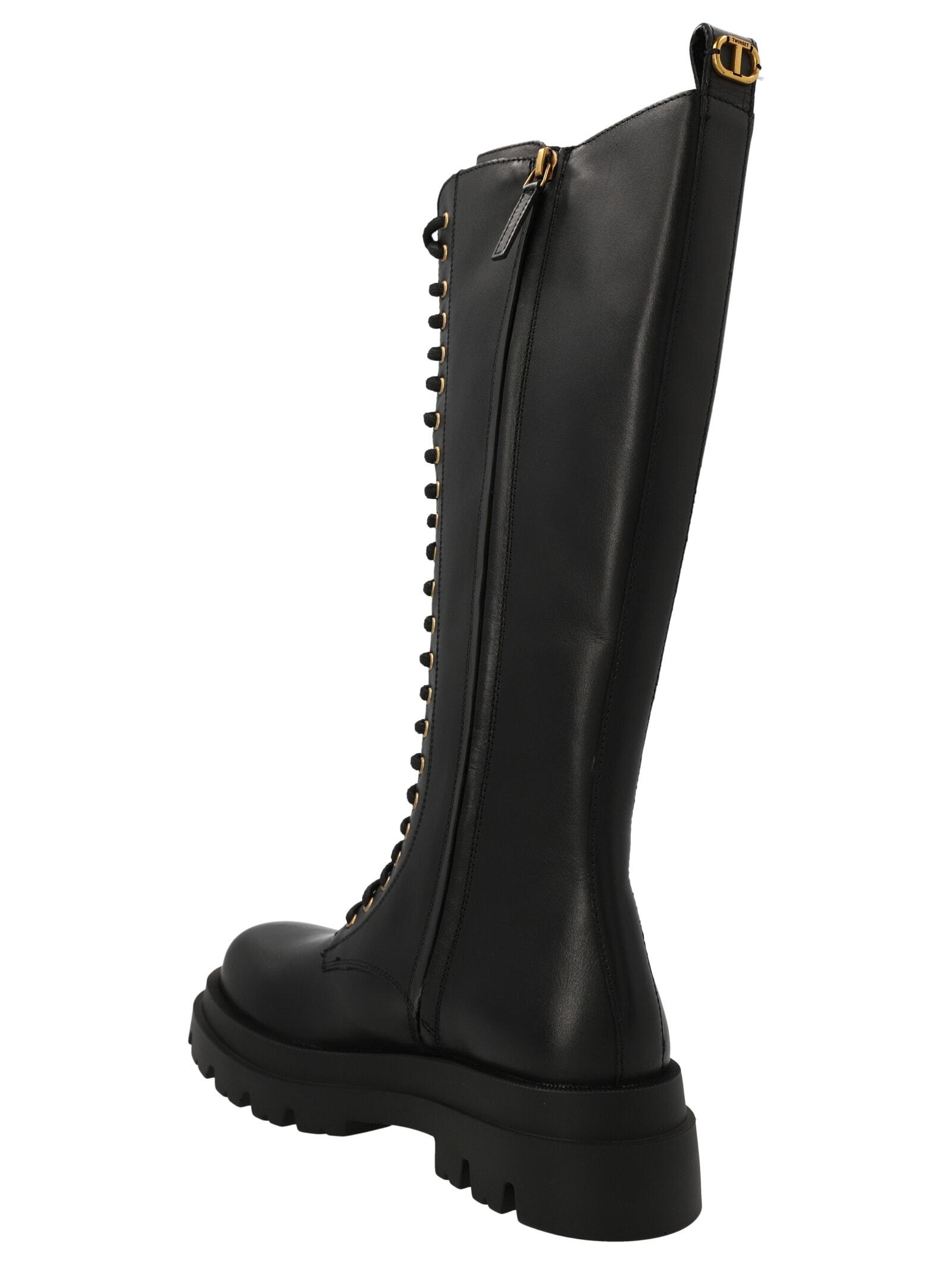 Twinset Leather High Combat Boots in Black | Lyst