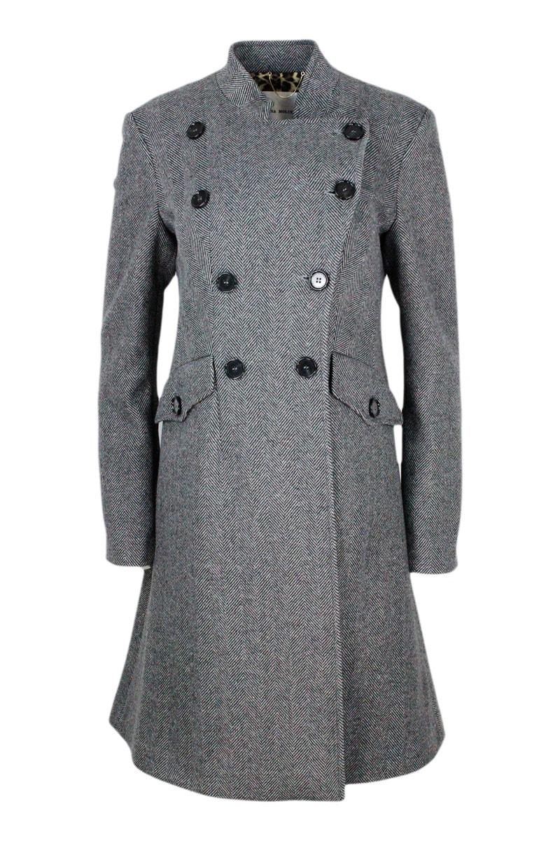 Anna Molinari Doublebreasted Wool Blend Coat With Herringbone Pattern