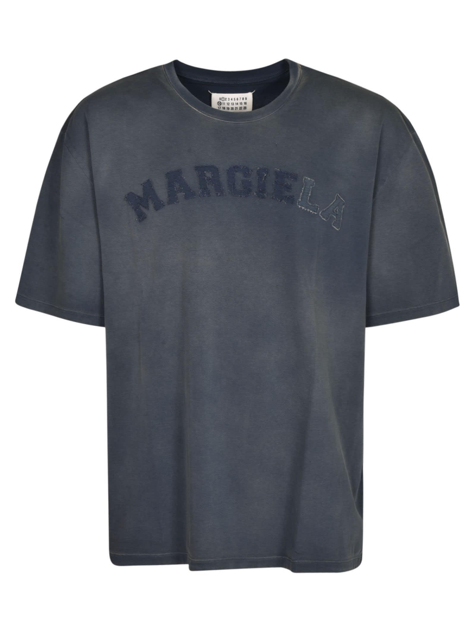 Maison Margiela Vintage Effect Logo Embroidered T-shirt in Blue