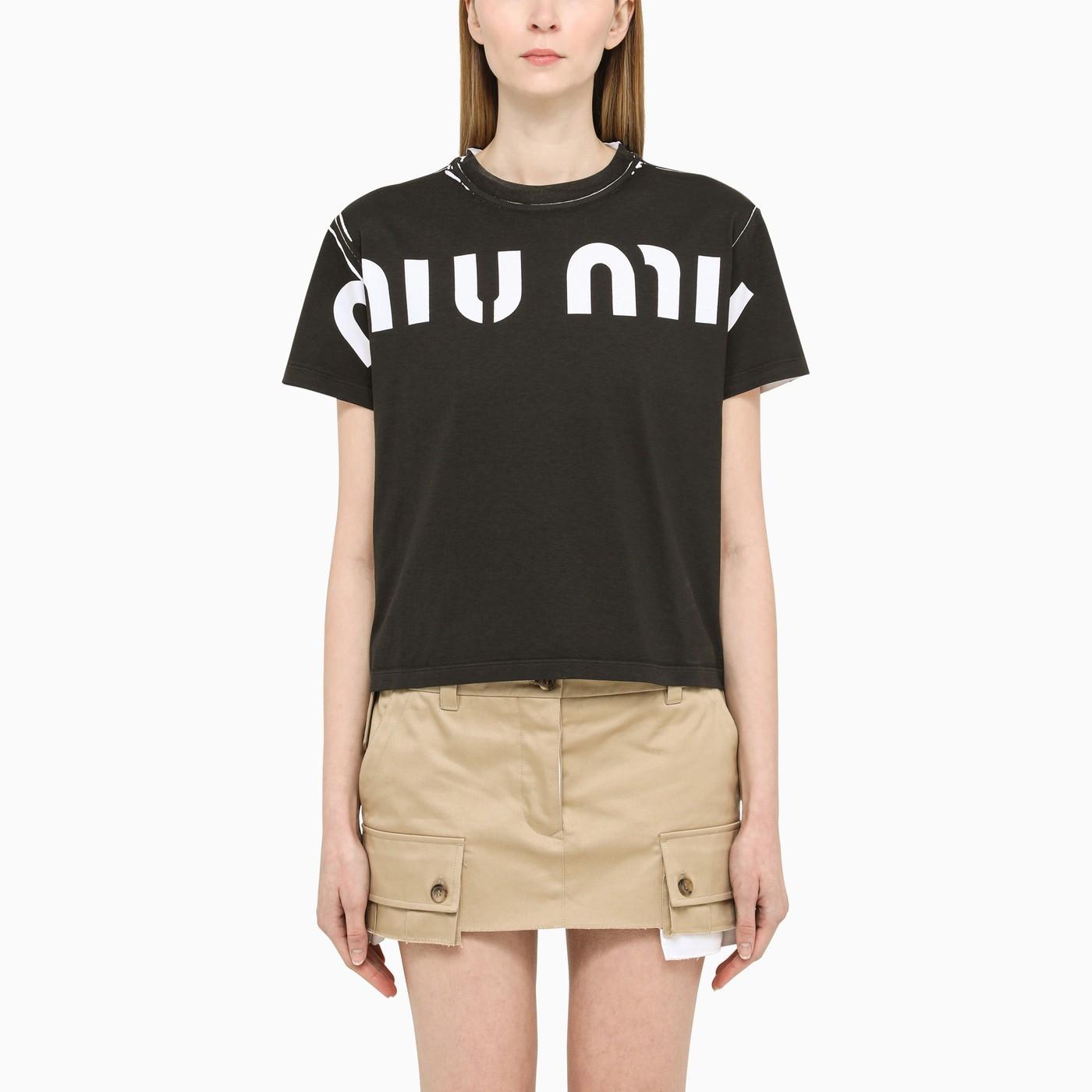 Miu Miu Black Cropped T-shirt With Logo | Lyst