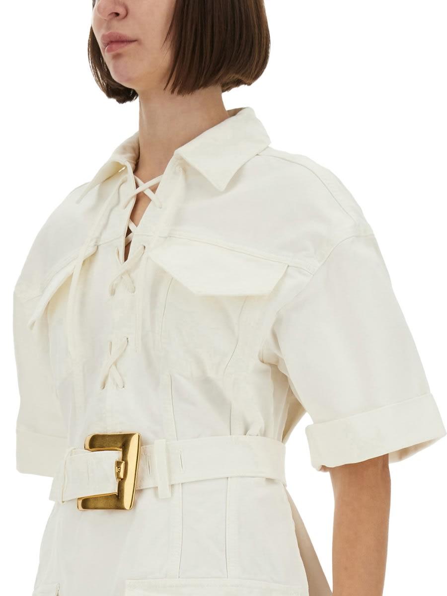 【関税＆送料込み】Balmain Cotton Gabardine Short Dress Short cotton gabardine lace-up dress beige - Women | BALMAIN