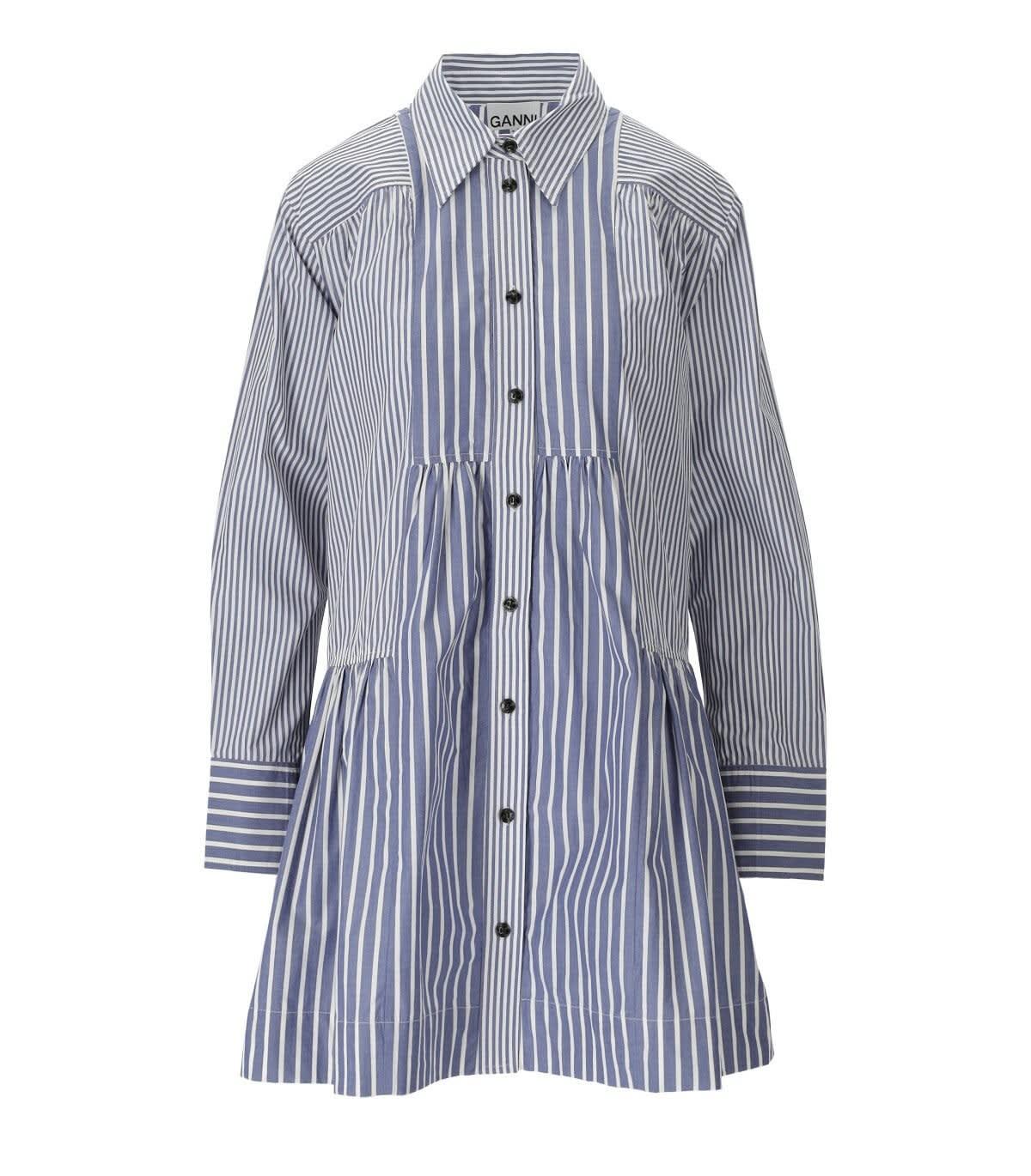 Ganni Striped And White Shirt Dress in Blue | Lyst