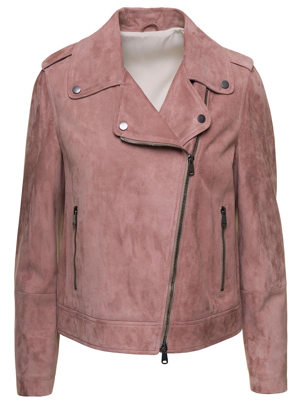 Brunello Cucinelli Pink Suede Biker Jacket In Calf Leather | Lyst