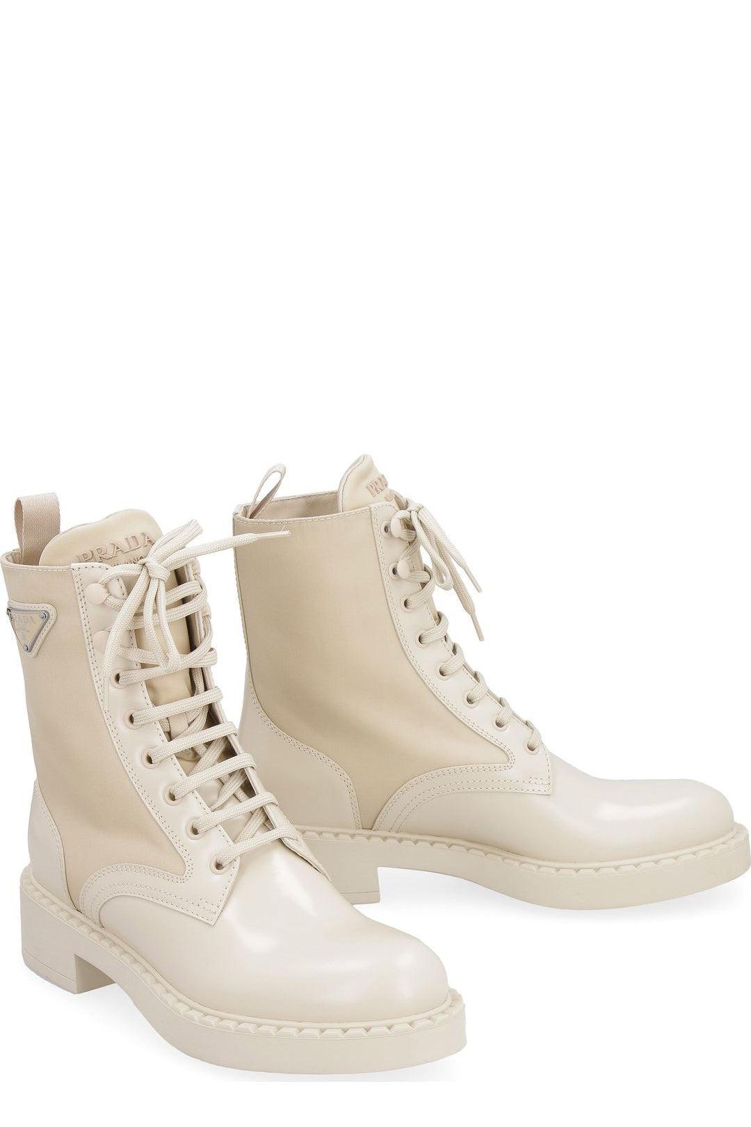 Prada Leather Logo Patch Lace-up Boots 