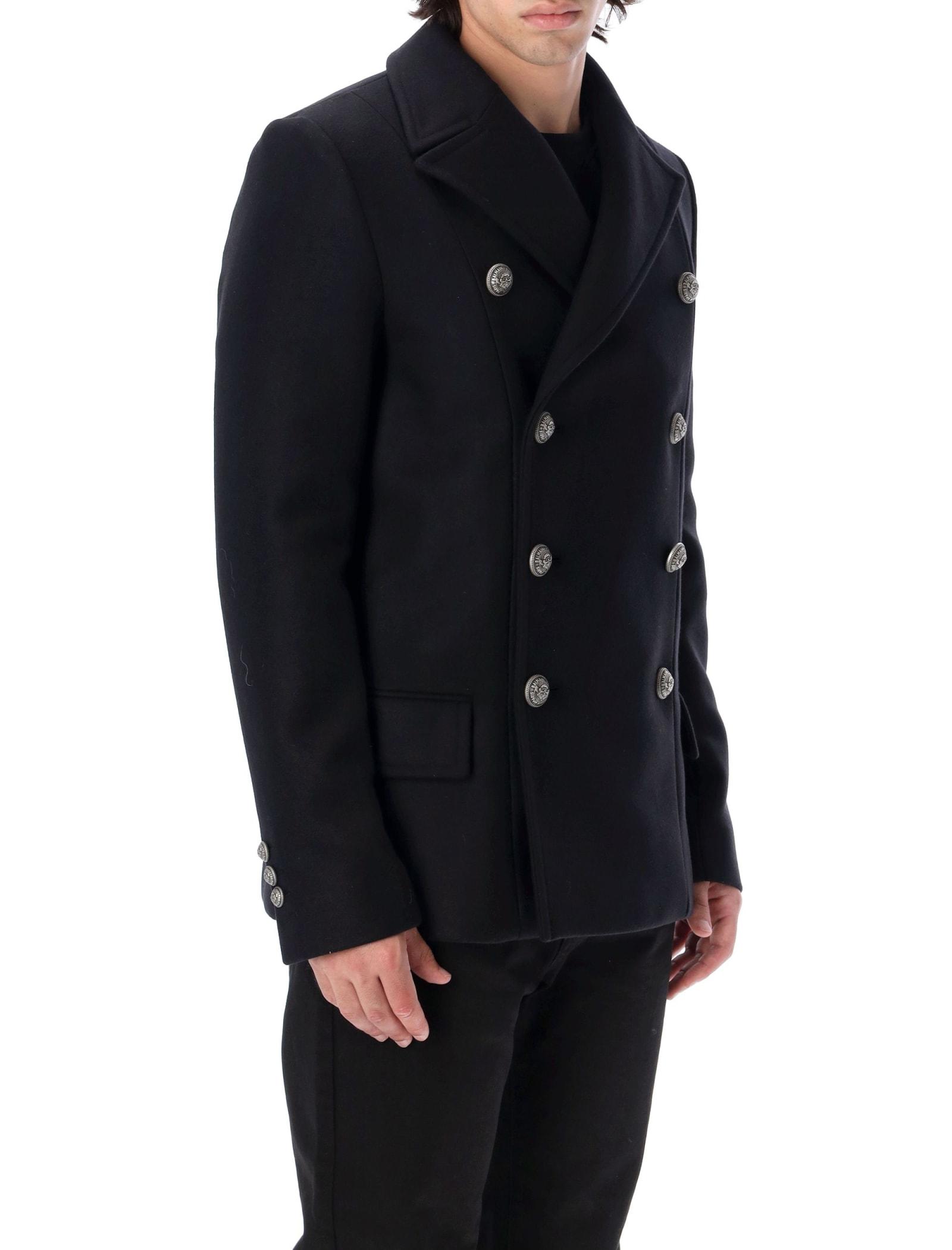 Balmain Double-breasted Wool Peacoat in Blue for Men | Lyst