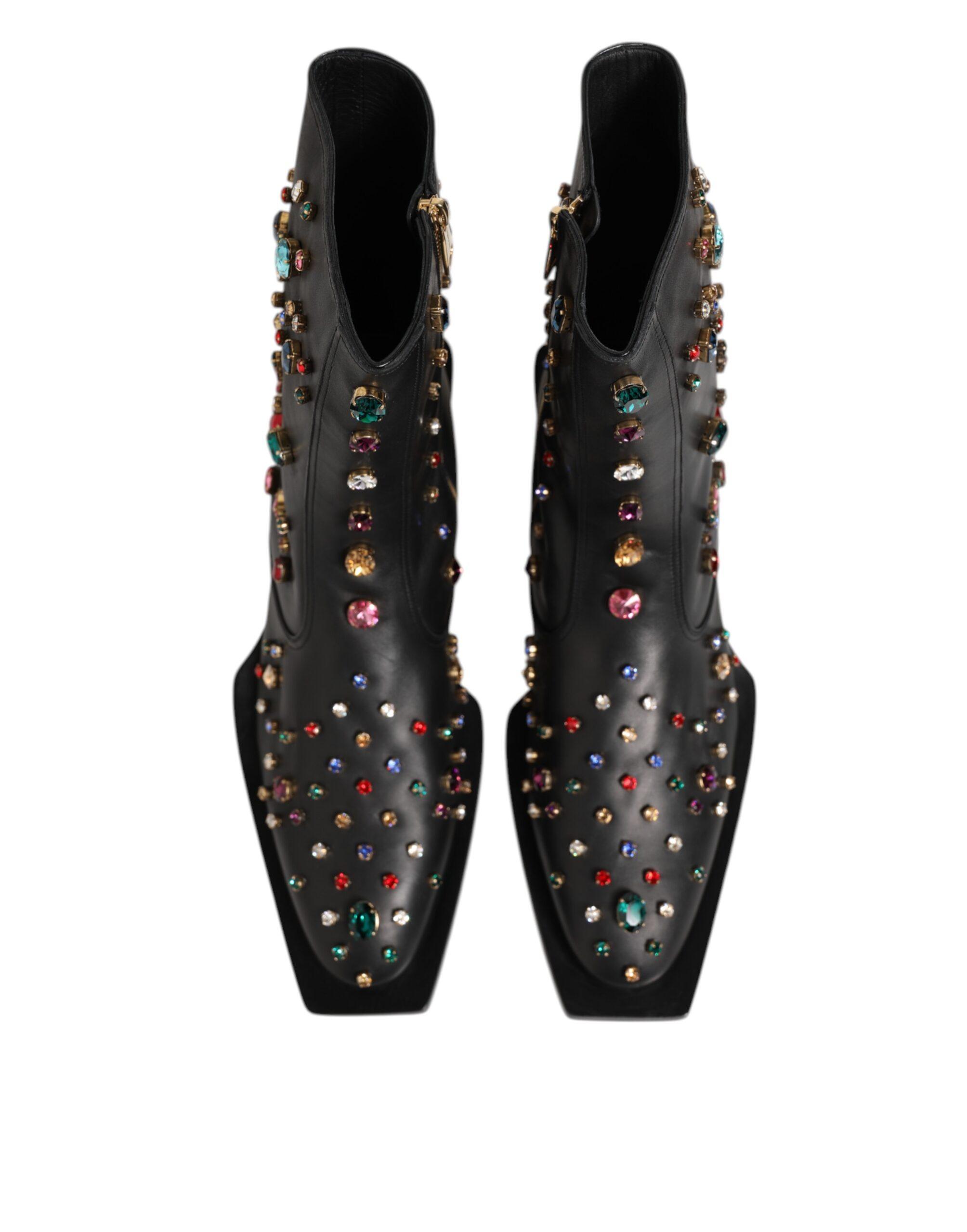 Dolce & Gabbana Gem Embellished Leather Ankle Boots in Black 