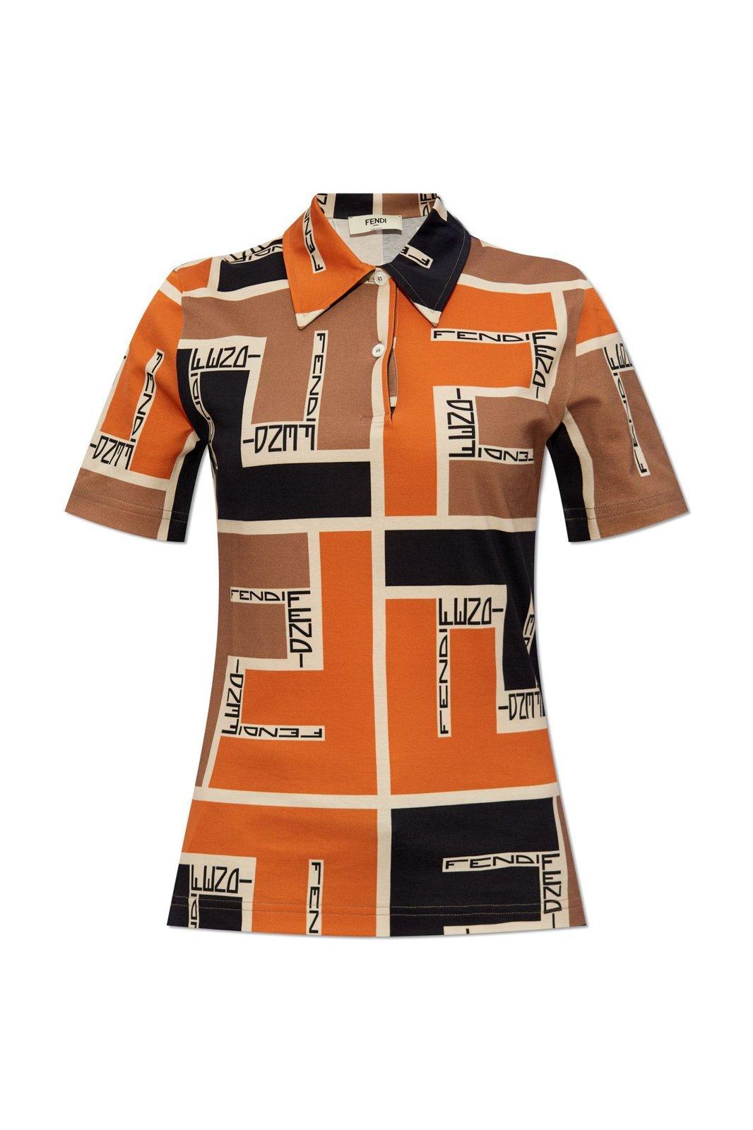 【FENDI】FF Motif Print Regular Fit Short Sleeve Polo Shirt Men's FENDI FF Alphabet Dark Pattern Printing Short Sleeve