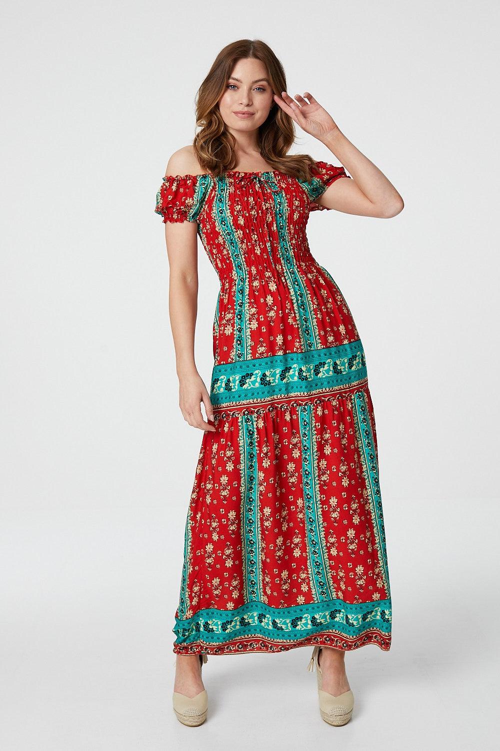Izabel London Retro Floral Bardot Maxi Dress in Red Lyst UK