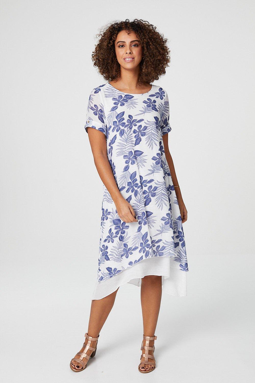 Floral Short Sleeve Midi Tunic Dress 