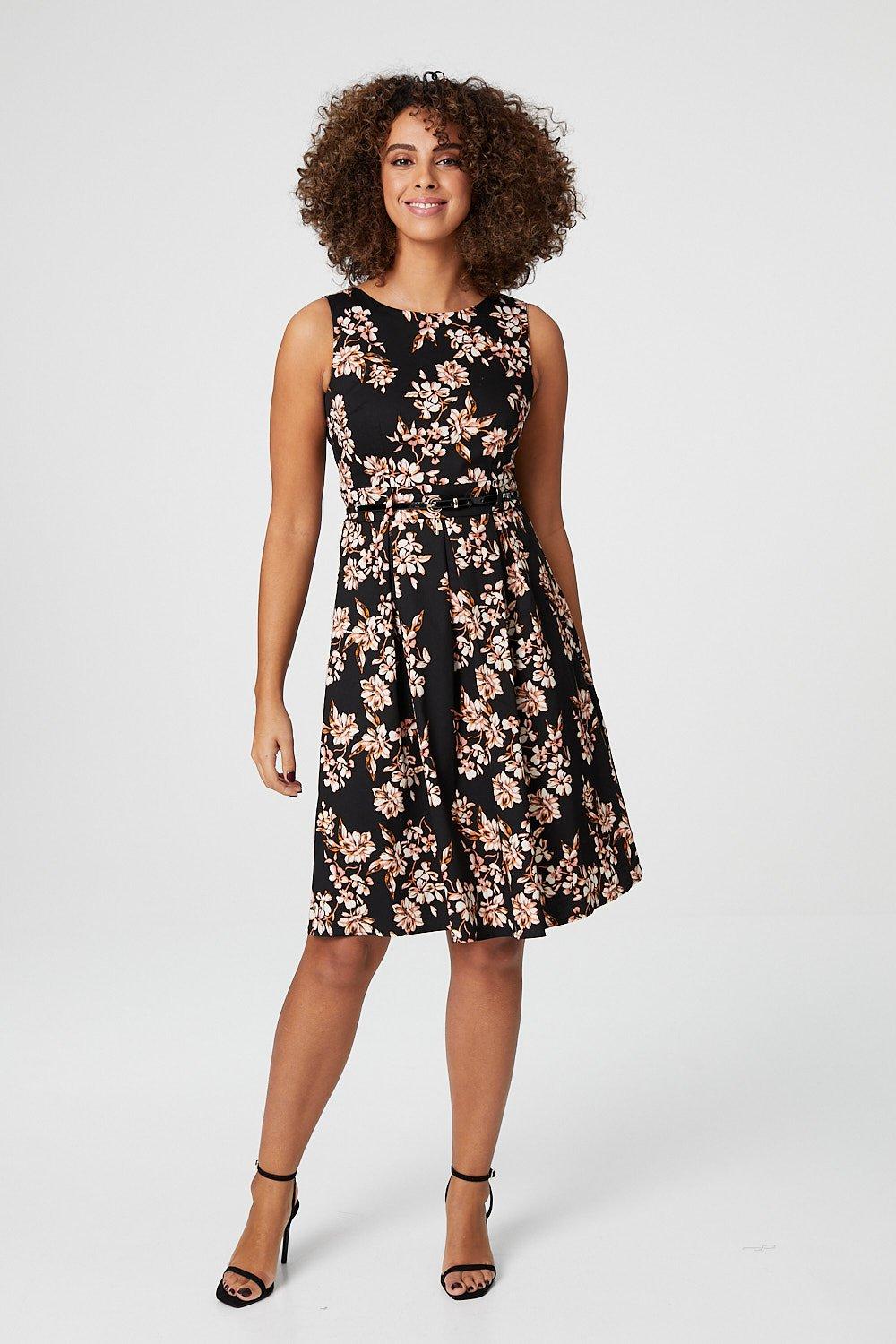 Denim Floral Sleeveless Skater Dress 
