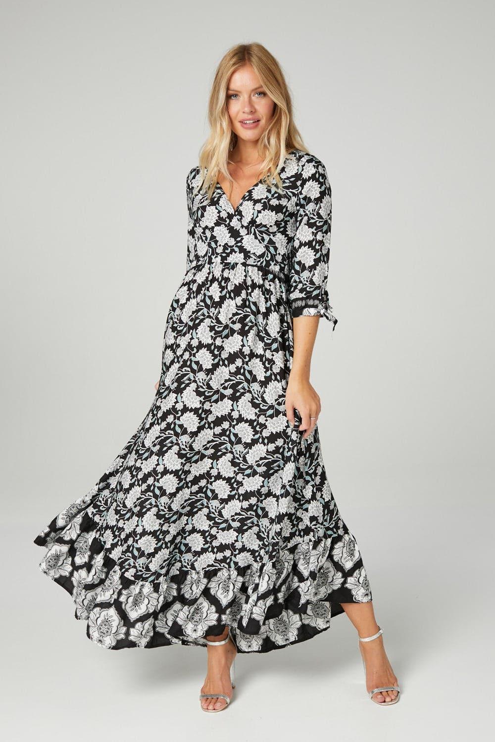 Izabel London Floral Boho Maxi Dress in Black | Lyst