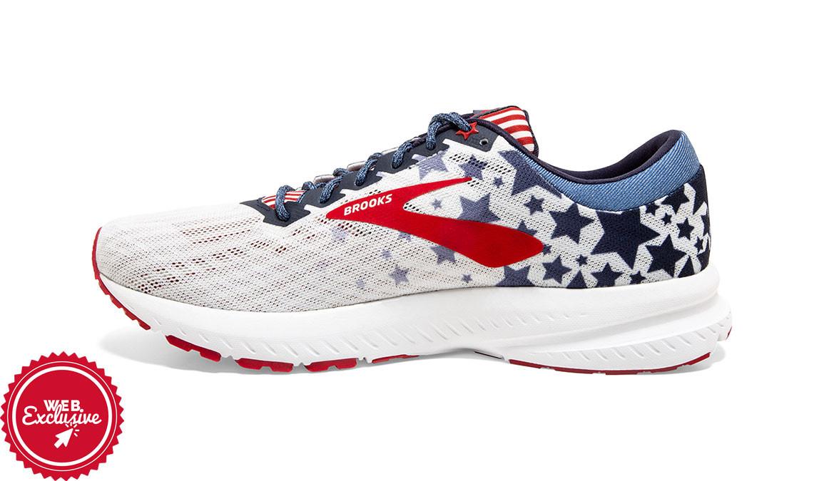 brooks red white and blue tennis shoes