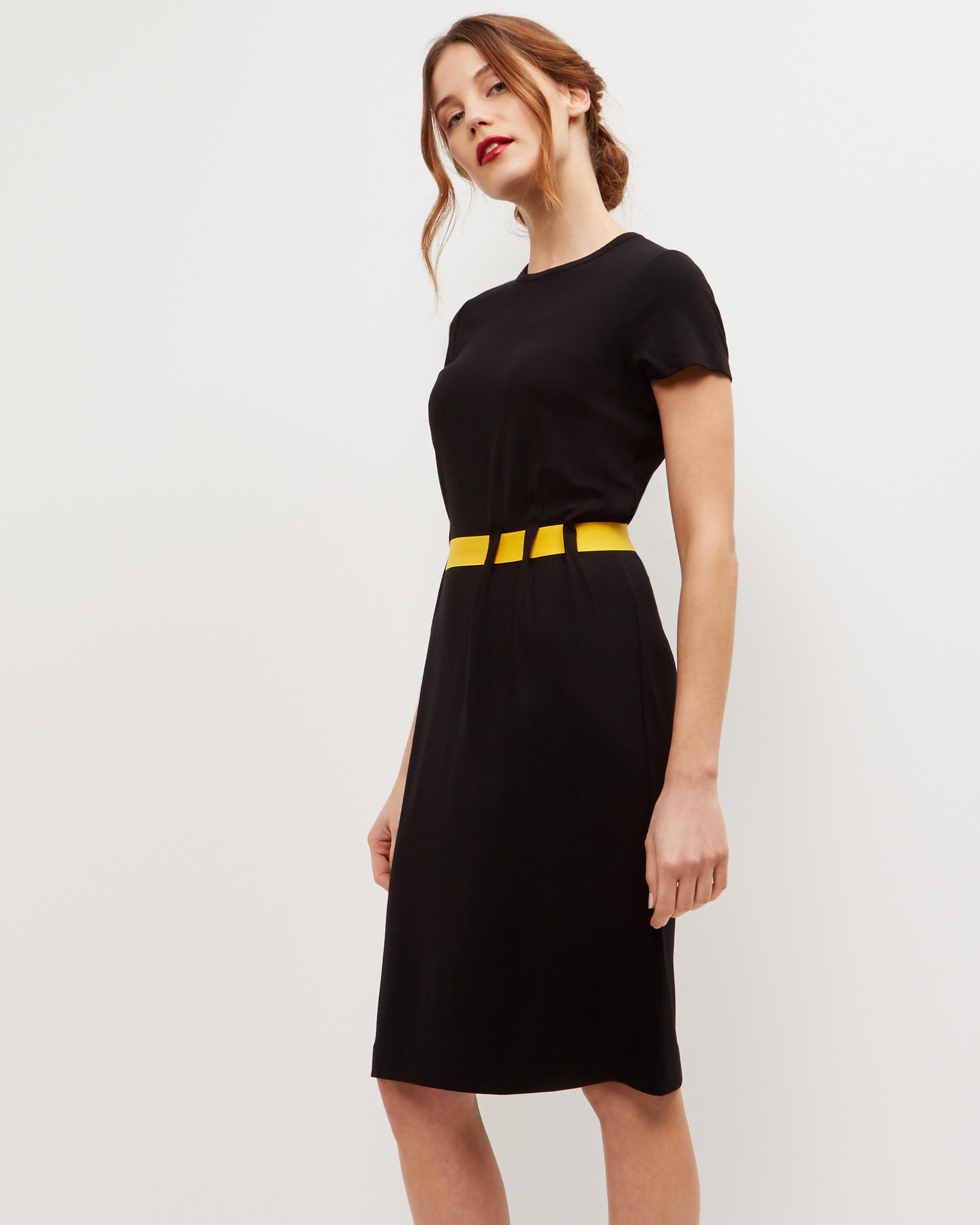 black dress with yellow belt