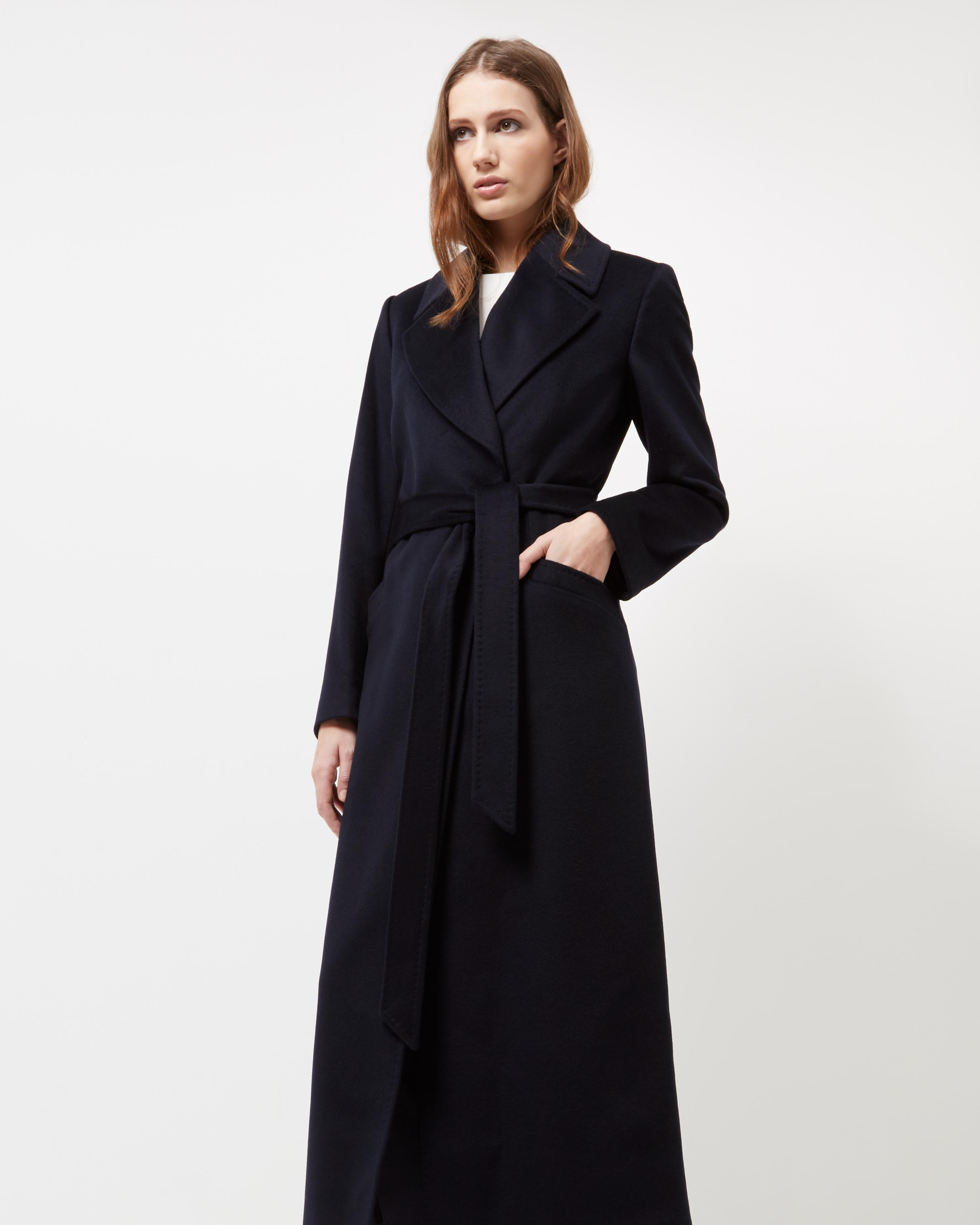 navy blue wool wrap coat