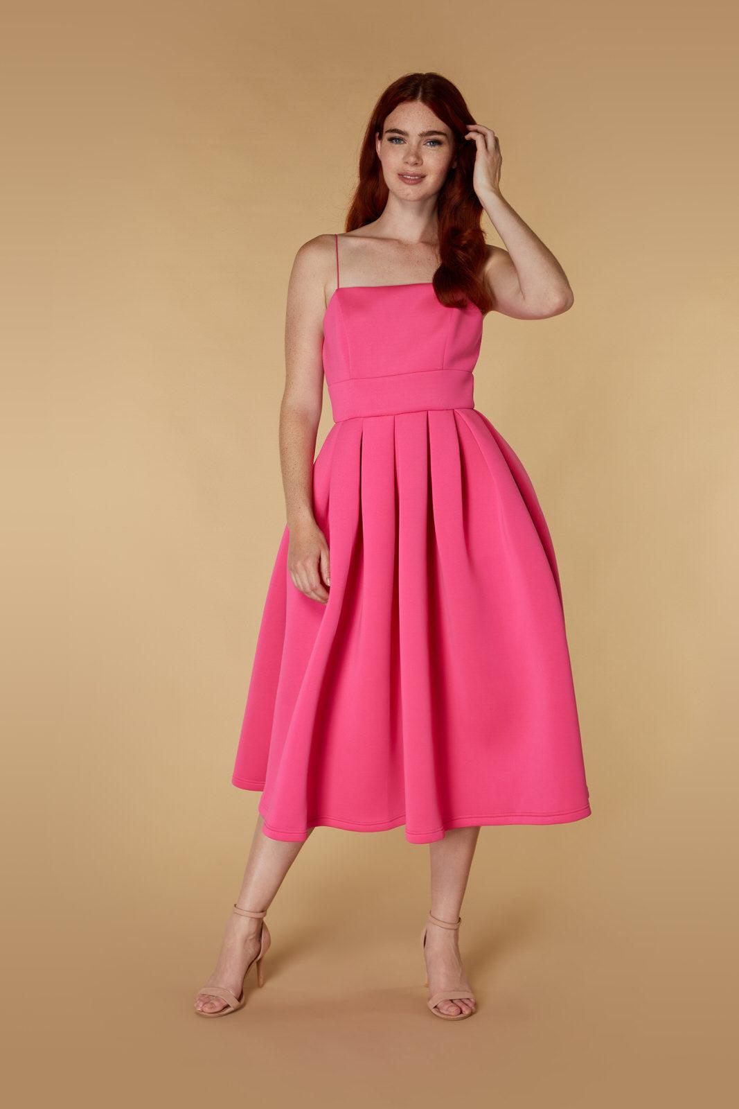 Jarlo Pearl Puff Skirt Scuba Midi Dress With Open Back in Pink | Lyst