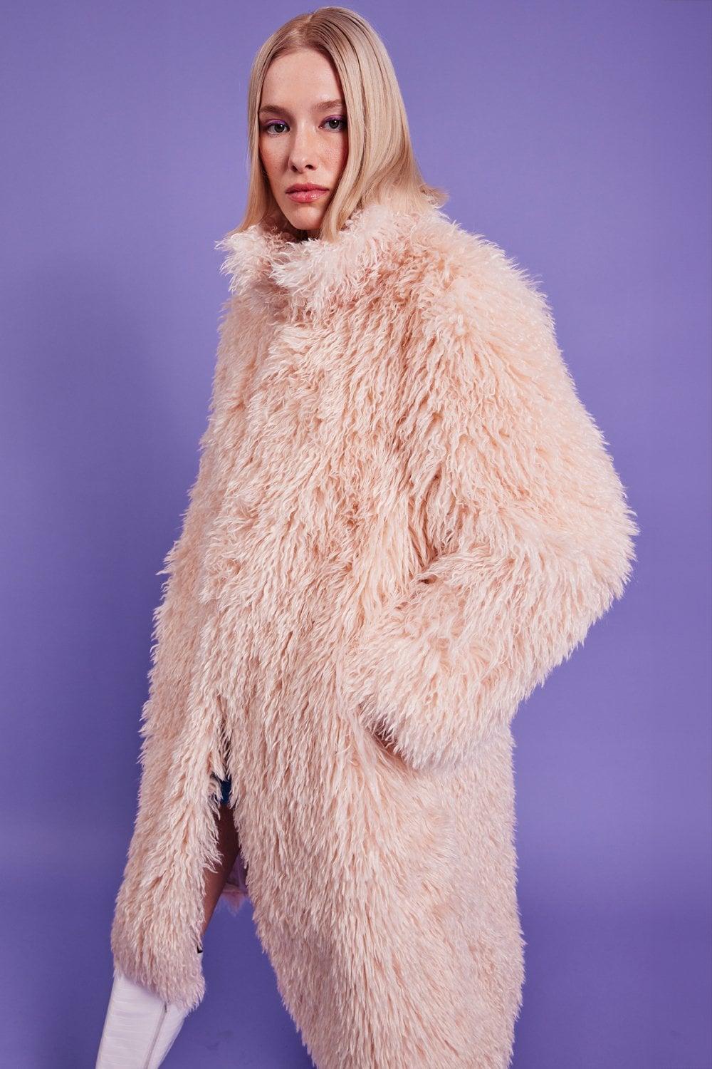 Jayley Pink Faux Fur Coat With Hood Jayley Faux Fur Cape Jacket