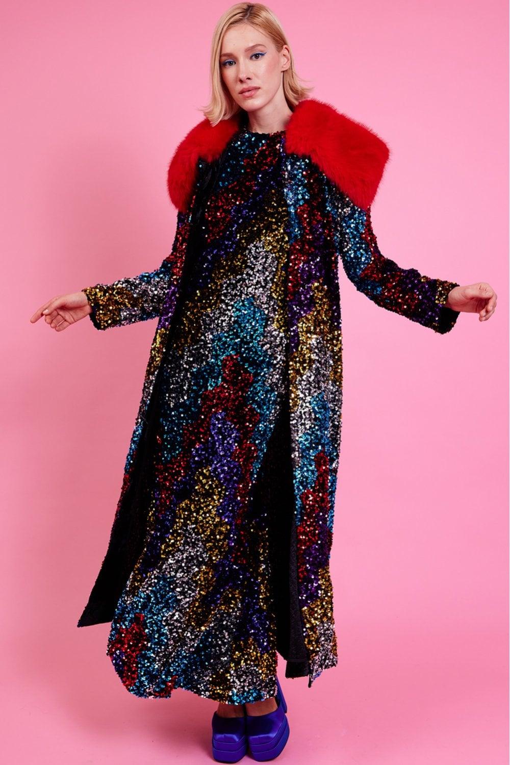 Jayley Sequin Velvet Trench Coat With Faux Fur Collar Size in Pink Lyst UK