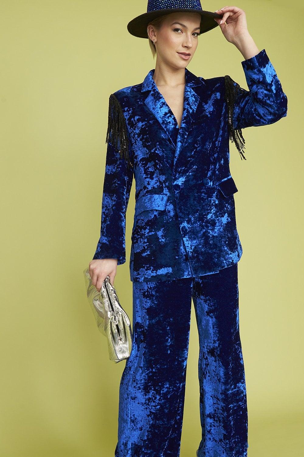 Crushed Blue Velvet Suit Jayley Crushed Velvet Blazer Jacket In