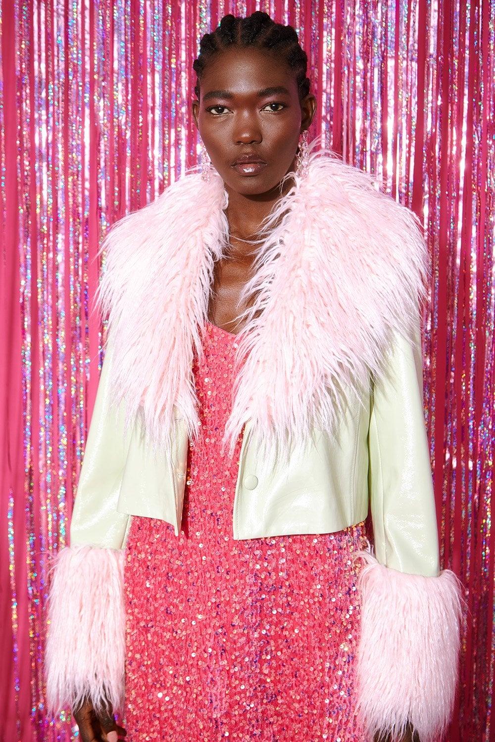 Jayley Mint And Faux Leather Biker Jacket With Mongolian Fur Cuff - Main Image