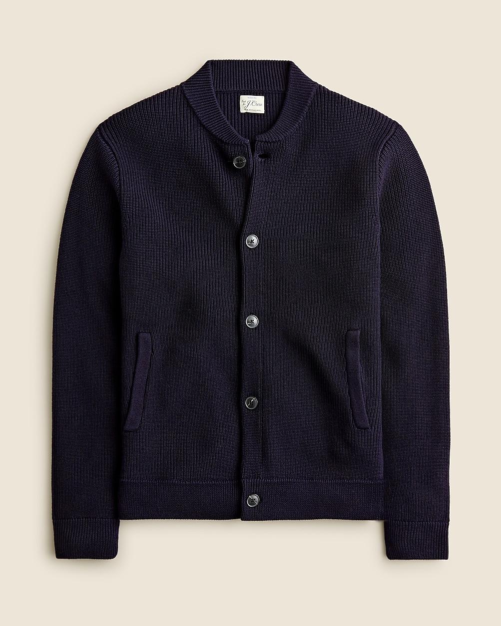 Ribbed Merino Wool Baseball Cardigan Sweater in Blue for