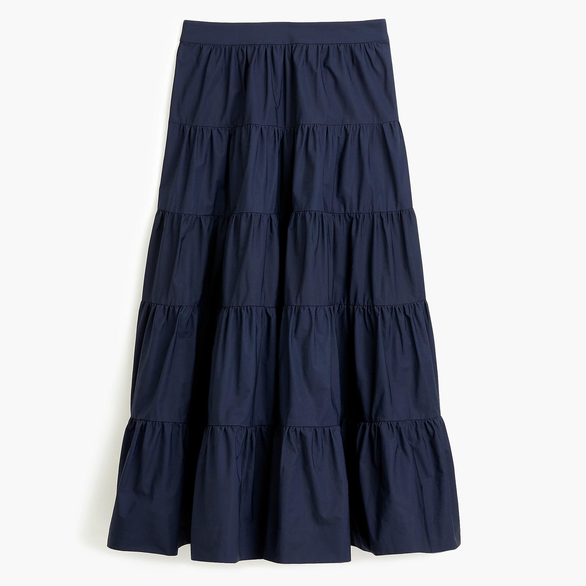 J.Crew Tiered Midi Skirt In Cotton Poplin in Blue | Lyst