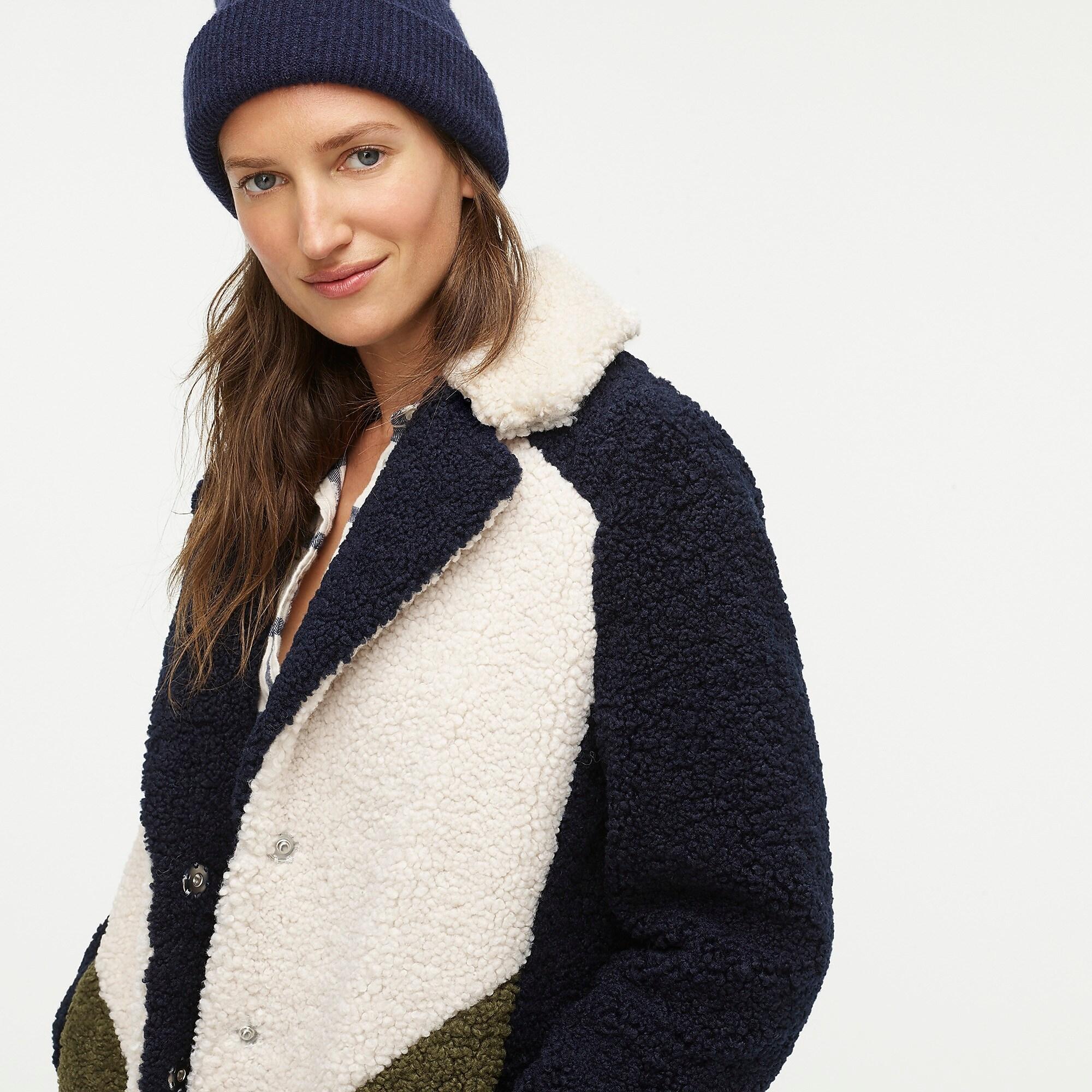 j crew colorblock teddy coat