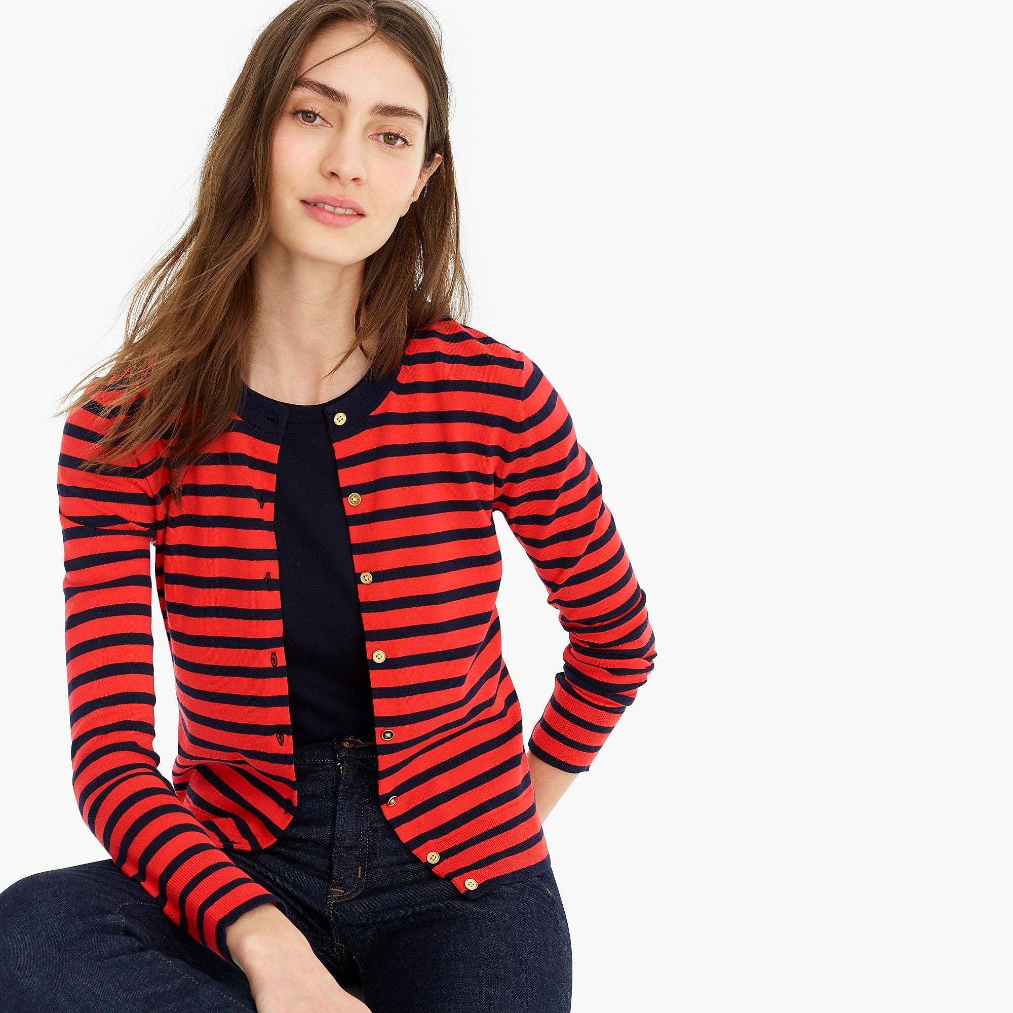 J.Crew Striped Cotton Jackie Cardigan Sweater in Bright Cerise Navy