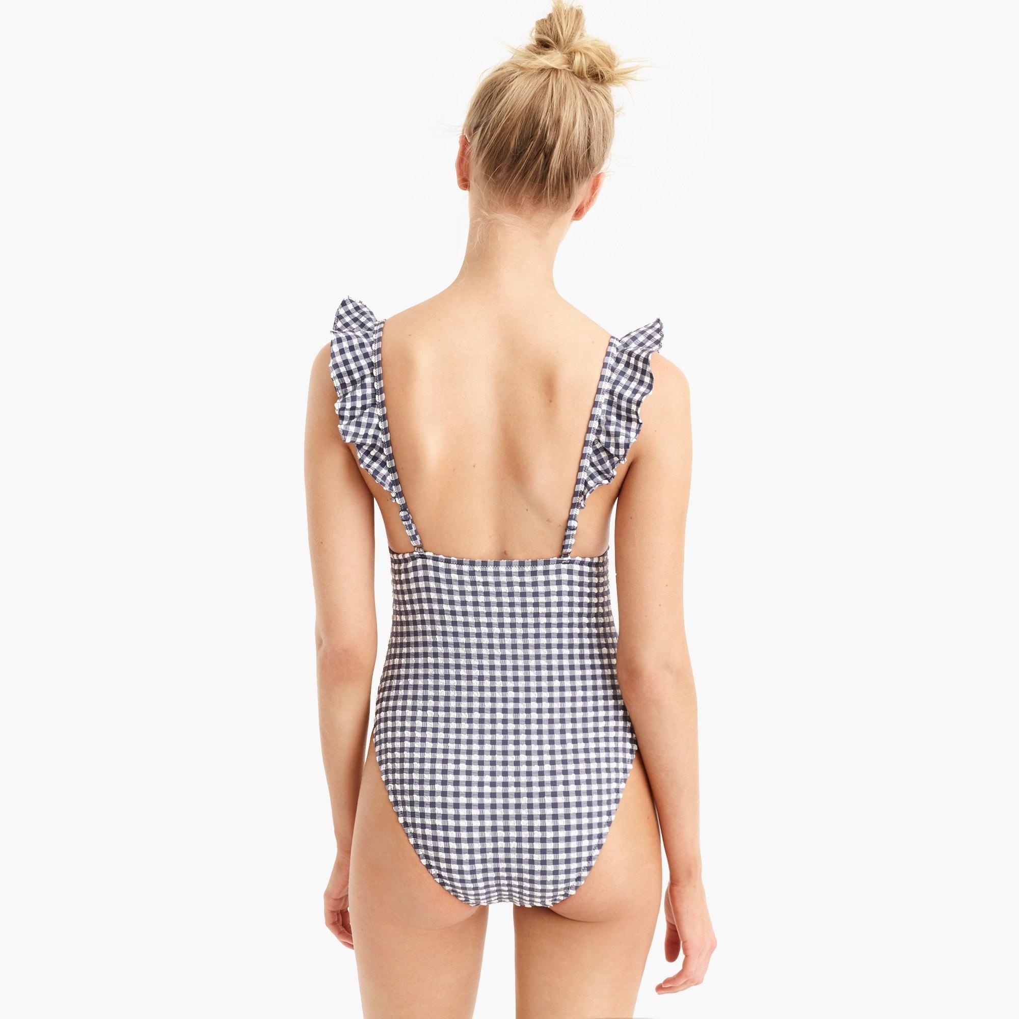 J.Crew Ruffle Plunging V-neck One-piece Swimsuit In Puckered Gingham in  Blue | Lyst