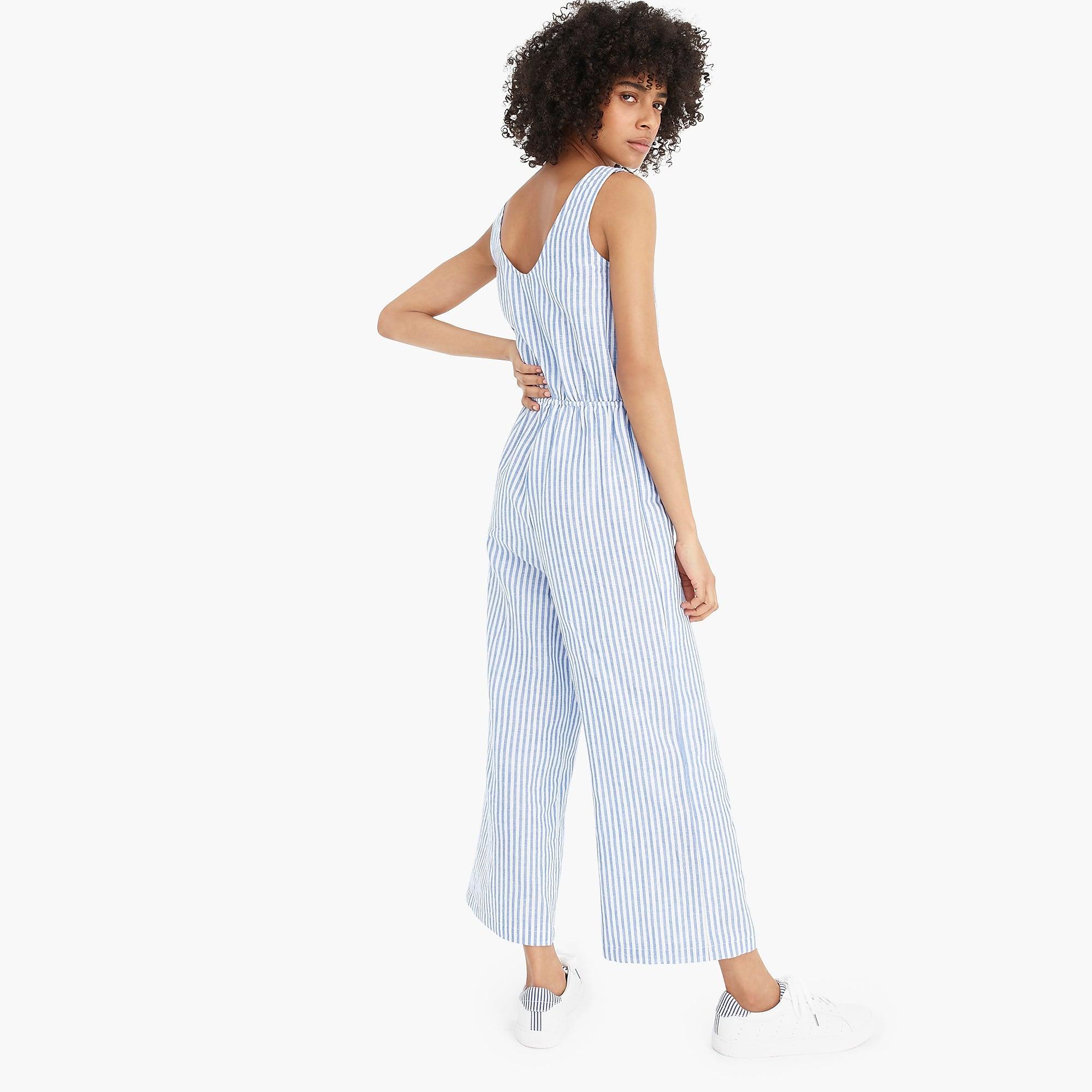 J.Crew Cotton Buttonfront Tiewaist Jumpsuit in Blue Lyst