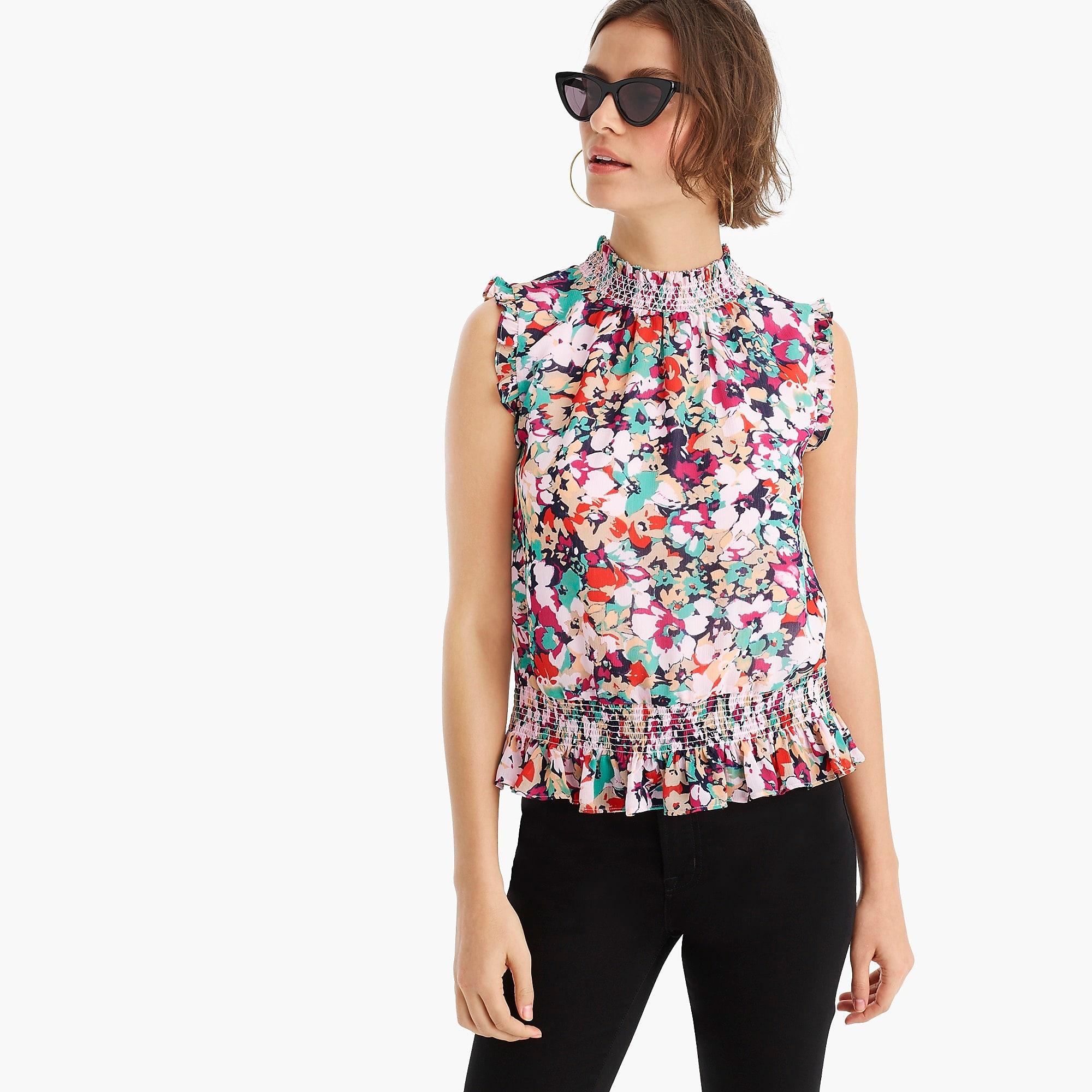 J.Crew Denim Sleeveless Mockneck Smocked Top In Splatter Floral - Lyst