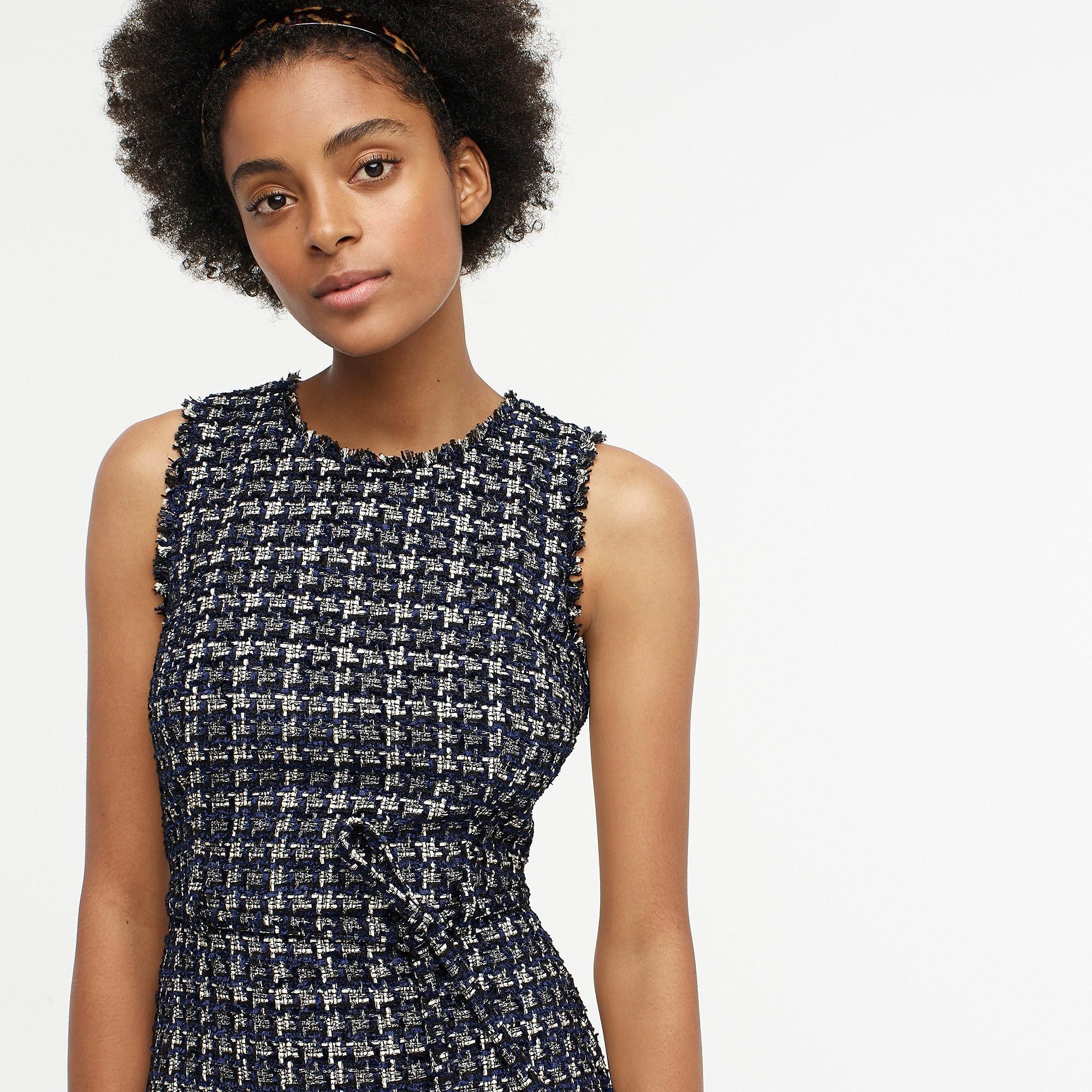 J.Crew Belted Sheath Dress In Textured Houndstooth Tweed in Navy Ivory