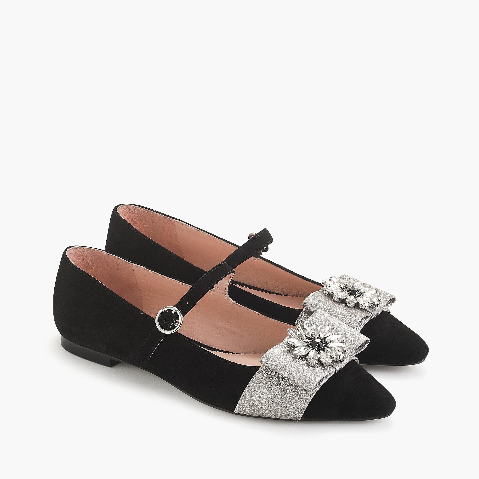 J.Crew Pointed-toe Mary Jane Flats With Embellished Bow In Velvet in ...