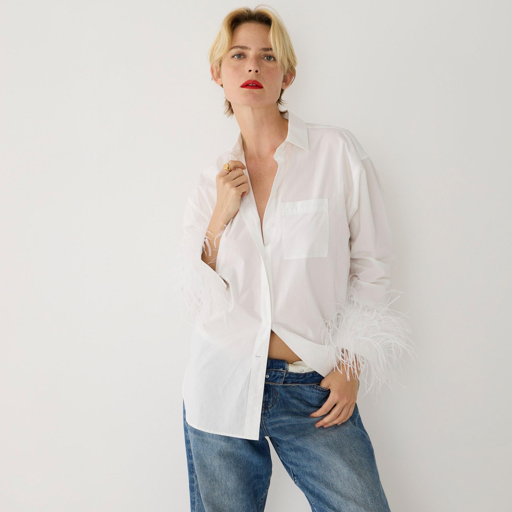 J.Crew Feather-trim Cotton Poplin Button-up Shirt With Collar in White |  Lyst