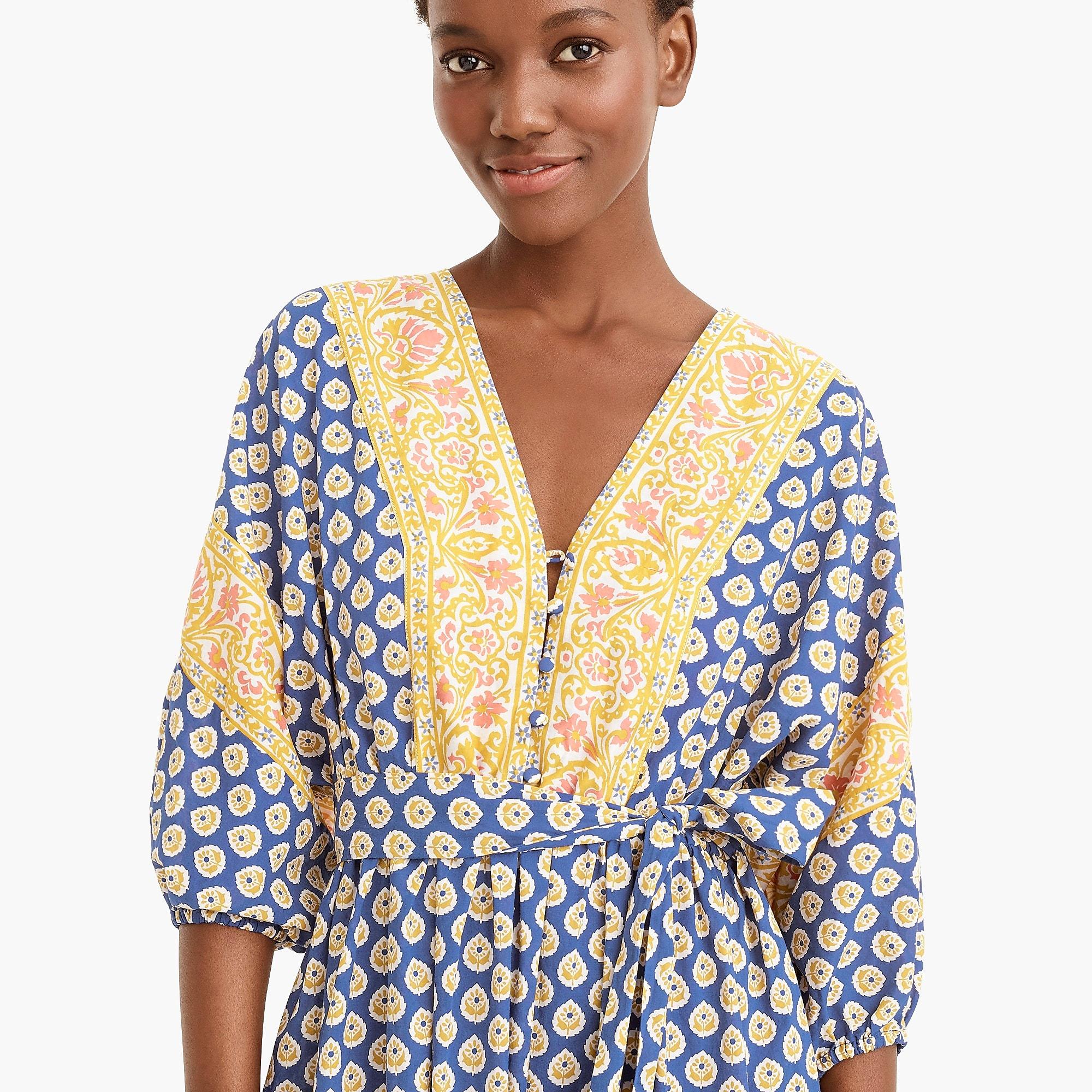 J.Crew Button front Tie waist Midi Dress In Block print Floral in Blue Lyst