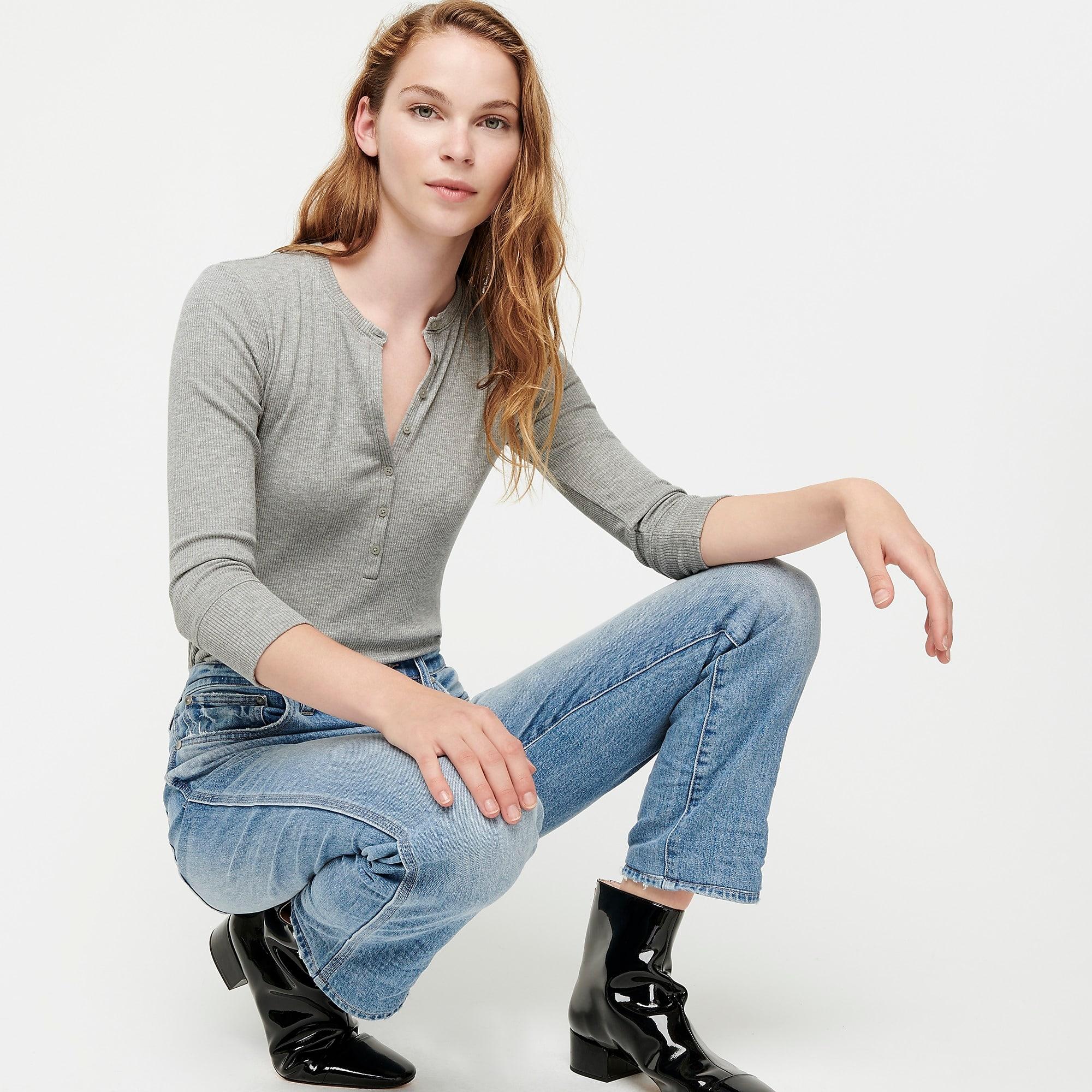 J.Crew Denim Ribbed Henley With Threequarter Sleeves in Gray Lyst