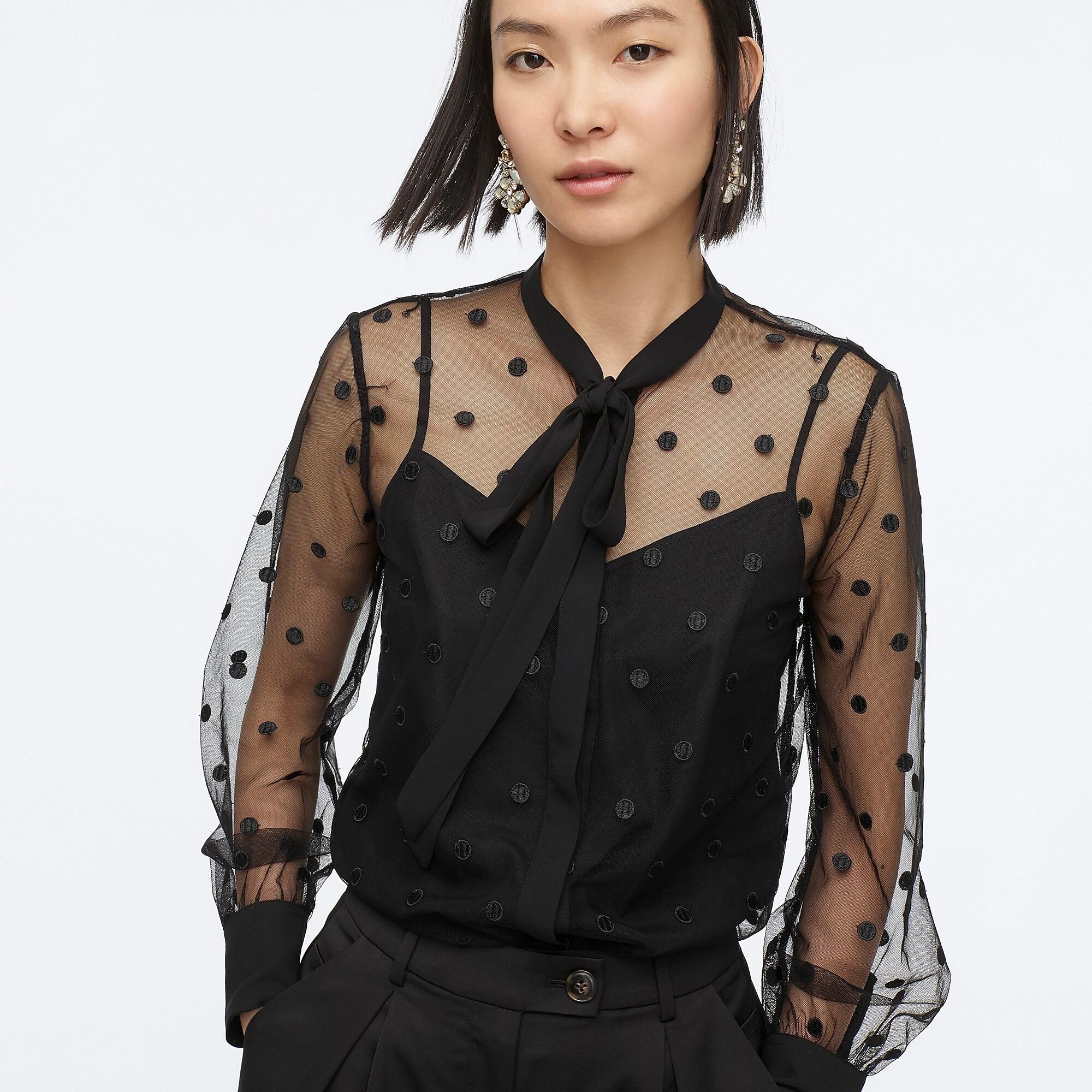 J.Crew Tie-neck Long-sleeve Blouse In Dotted Tulle in Black | Lyst