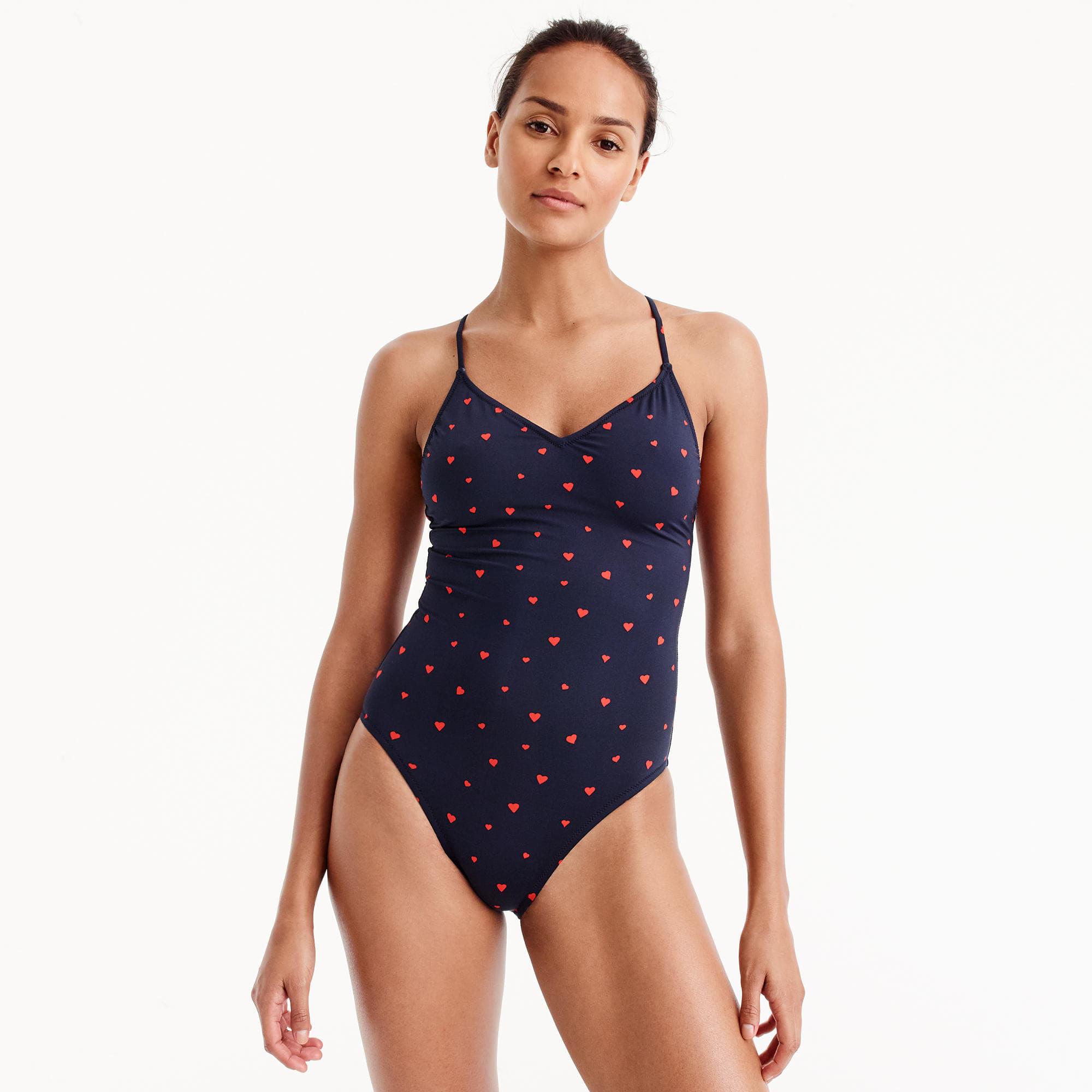 J Crew Synthetic T Back One Piece Swimsuit In Heart Print In Navy Red Blue Lyst