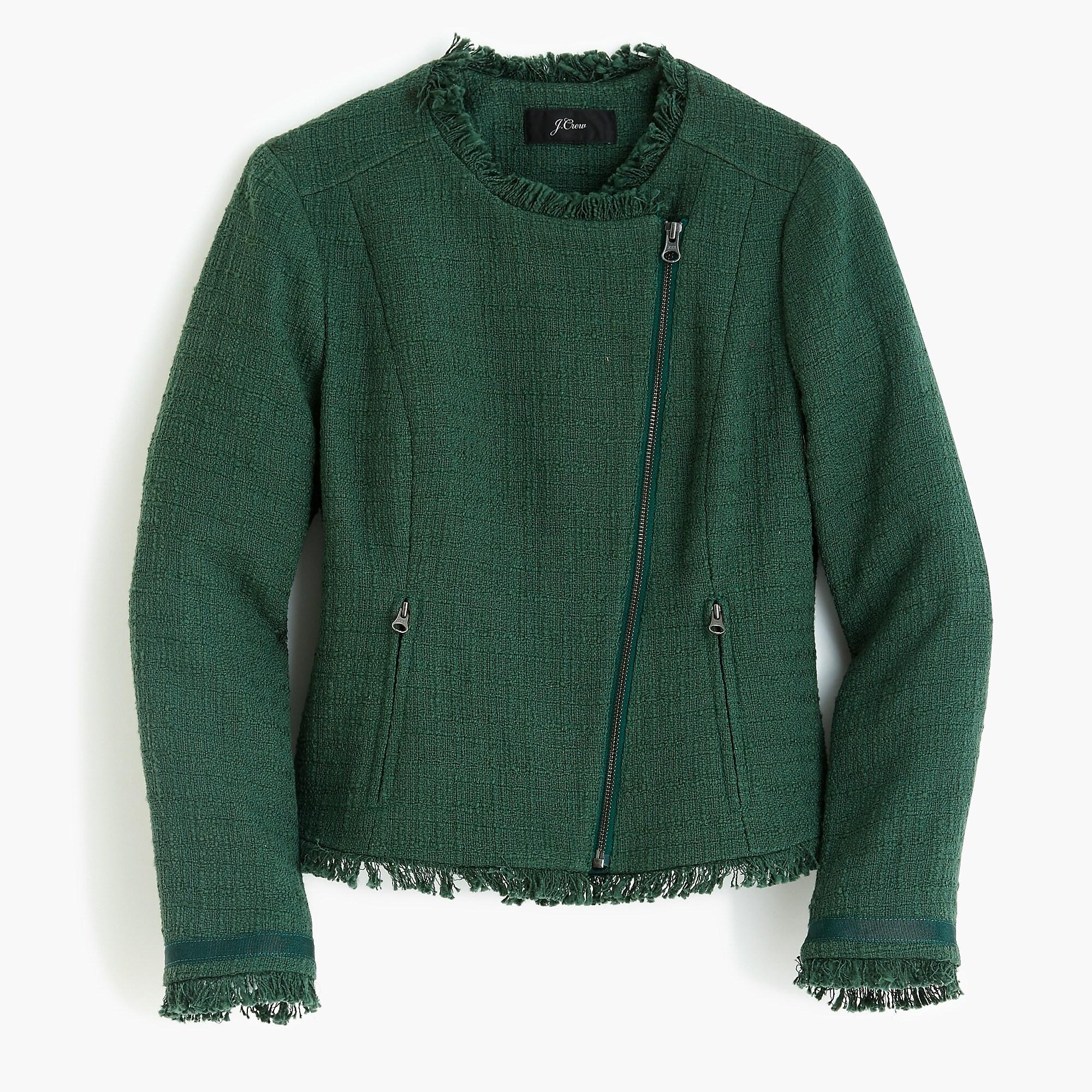 J.Crew Tweed Motorcycle Jacket With Fringe in Green Lyst