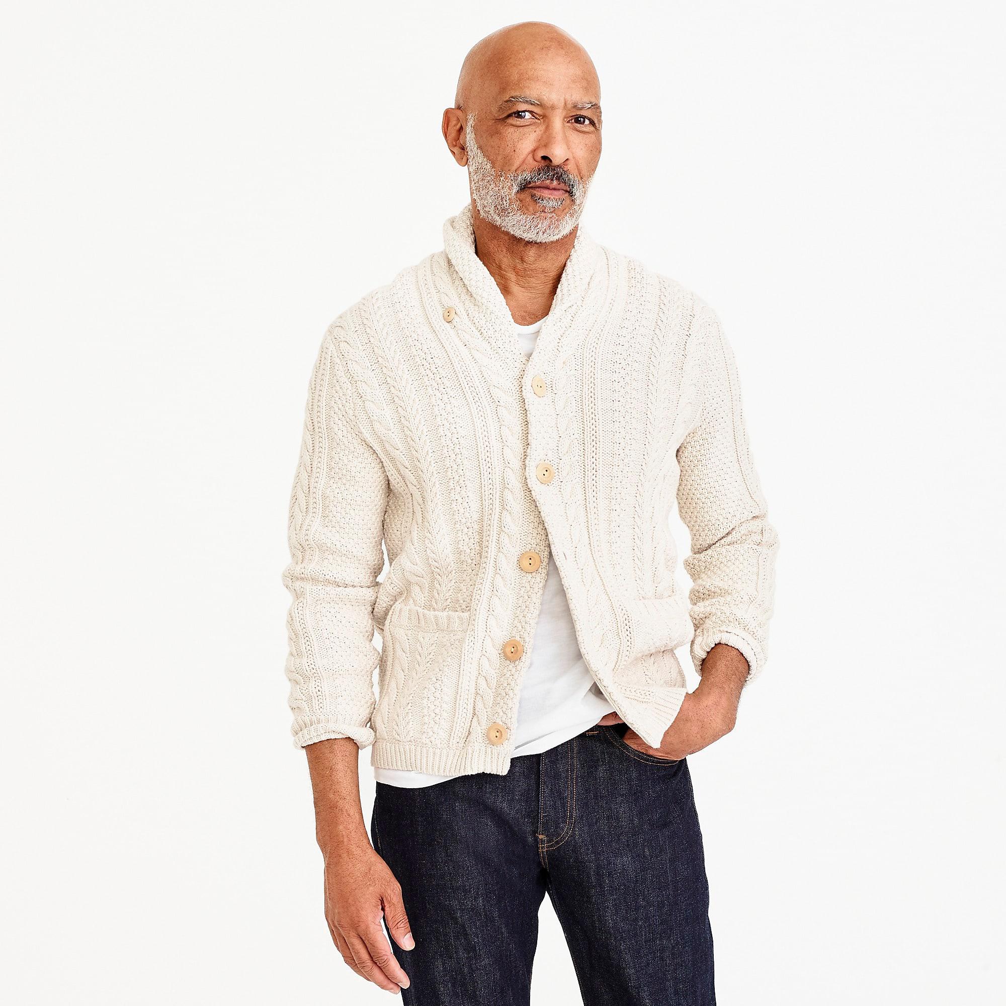 cable knit shawl collar cardigan
