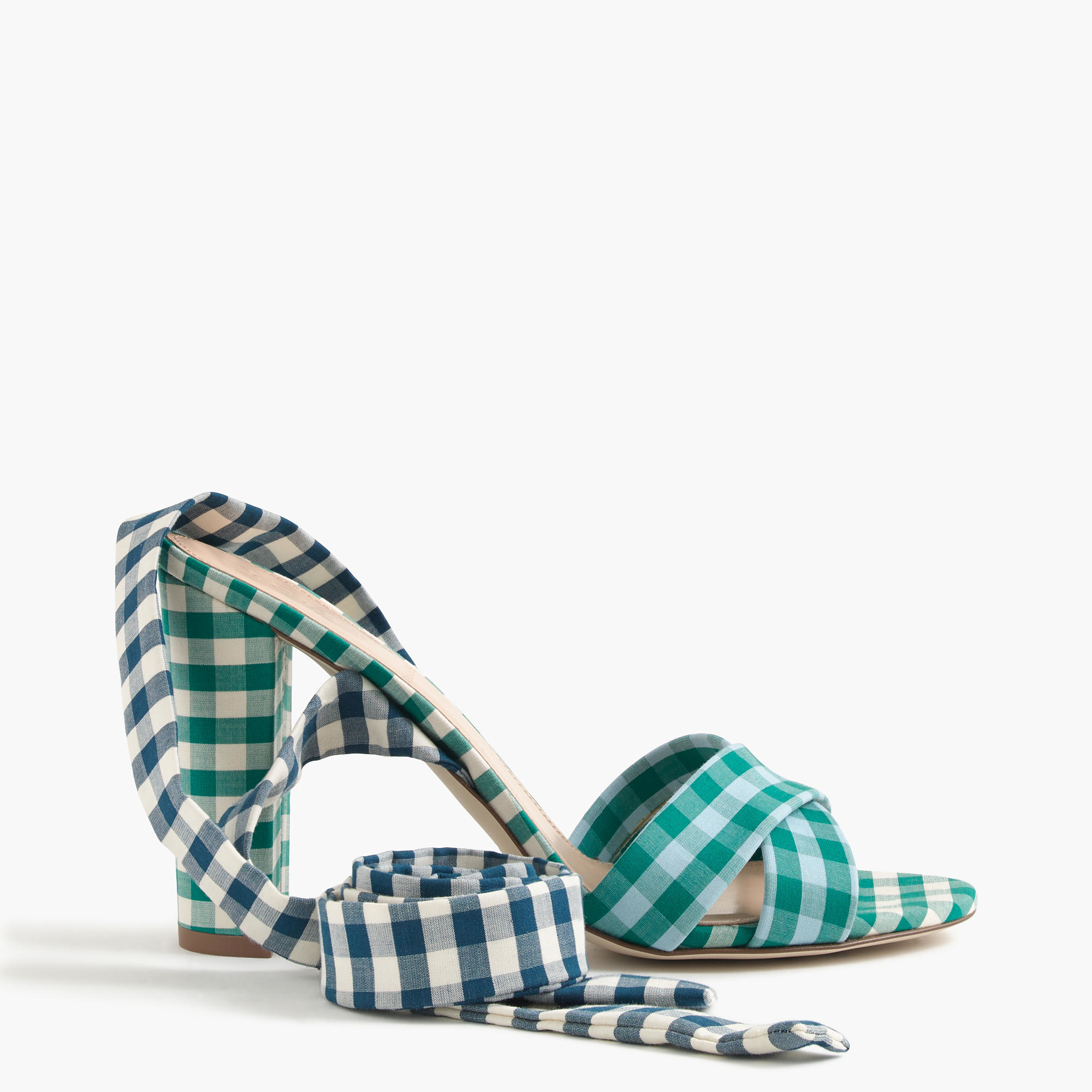 J.Crew Cotton Mixed Gingham Sandals With Ankle Wrap in Blue Emerald ...