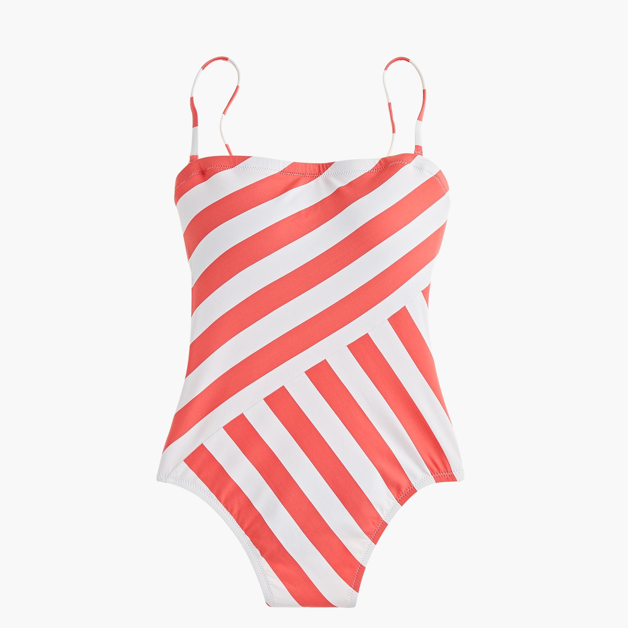 J Crew Synthetic Bandeau One Piece Swimsuit In Asymmetric Stripe In Cerise Ivory Red Lyst