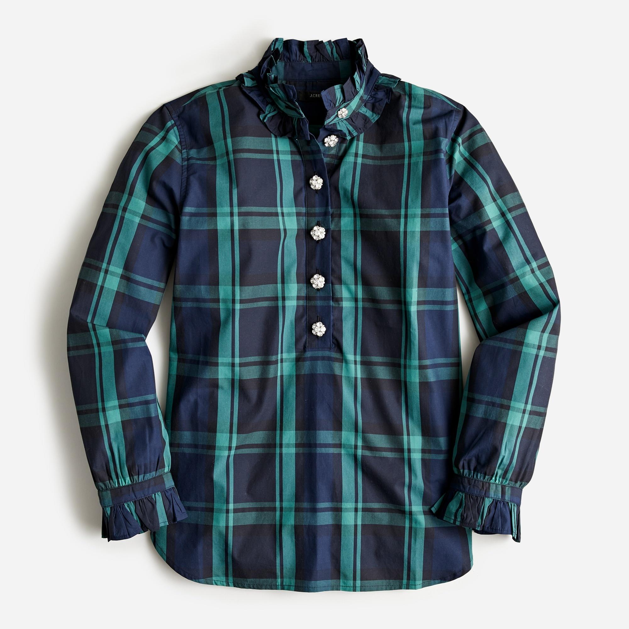 J.Crew Classicfit Ruffleneck Popover In Black Watch Tartan With Jewel