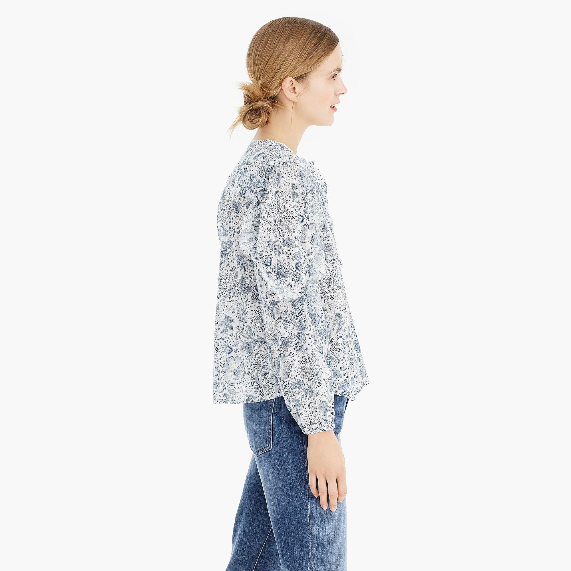 J.Crew Denim Point Sur Rufflesleeve Popover Shirt In Blue Botanical