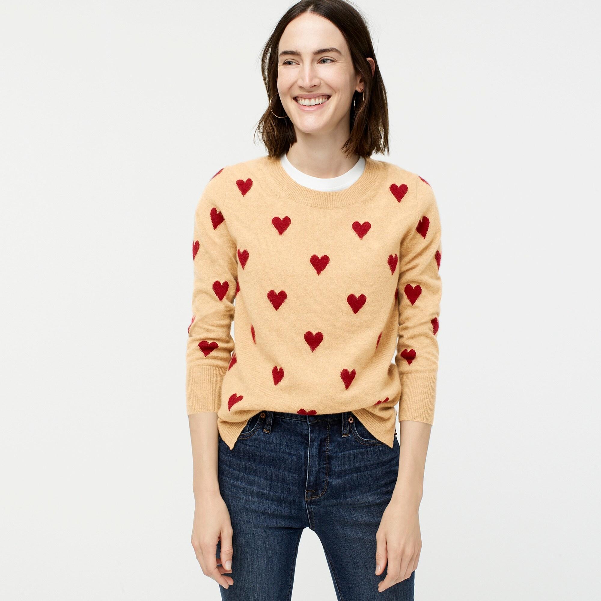 J.Crew Everyday Cashmere Crewneck Sweater With Intarsiaknit Hearts in