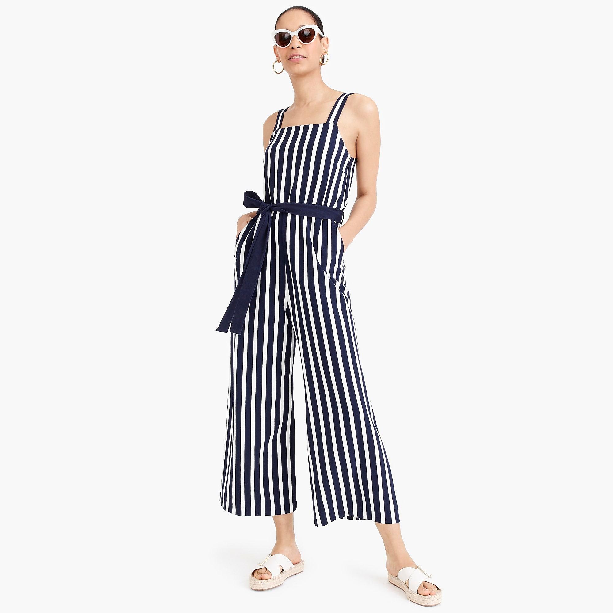 J.Crew Cotton Knit Tiewaist Striped Jumpsuit in Blue Lyst