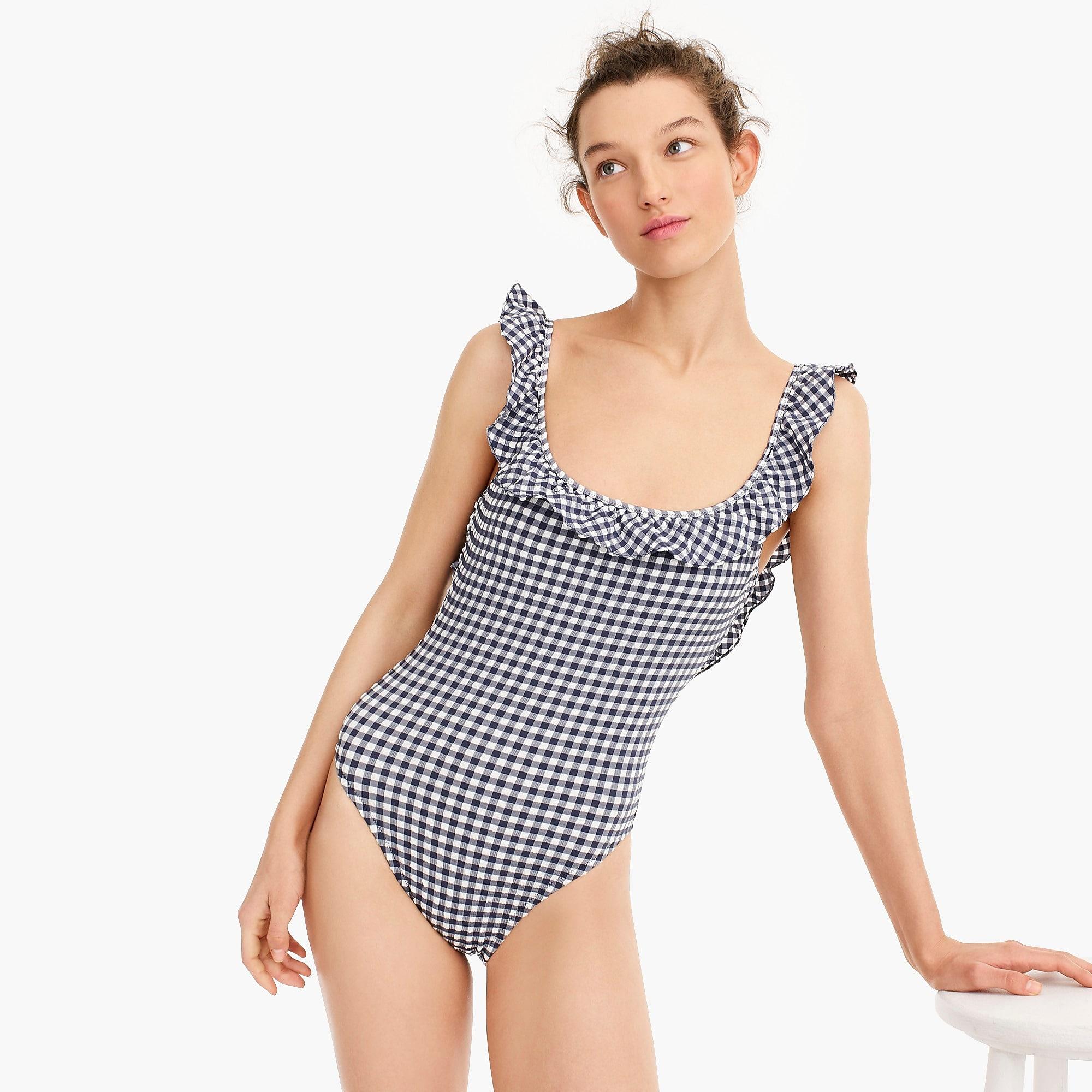 J Crew Synthetic Ruffled Scoopback One Piece Swimsuit In Puckered Gingham In Blue Lyst