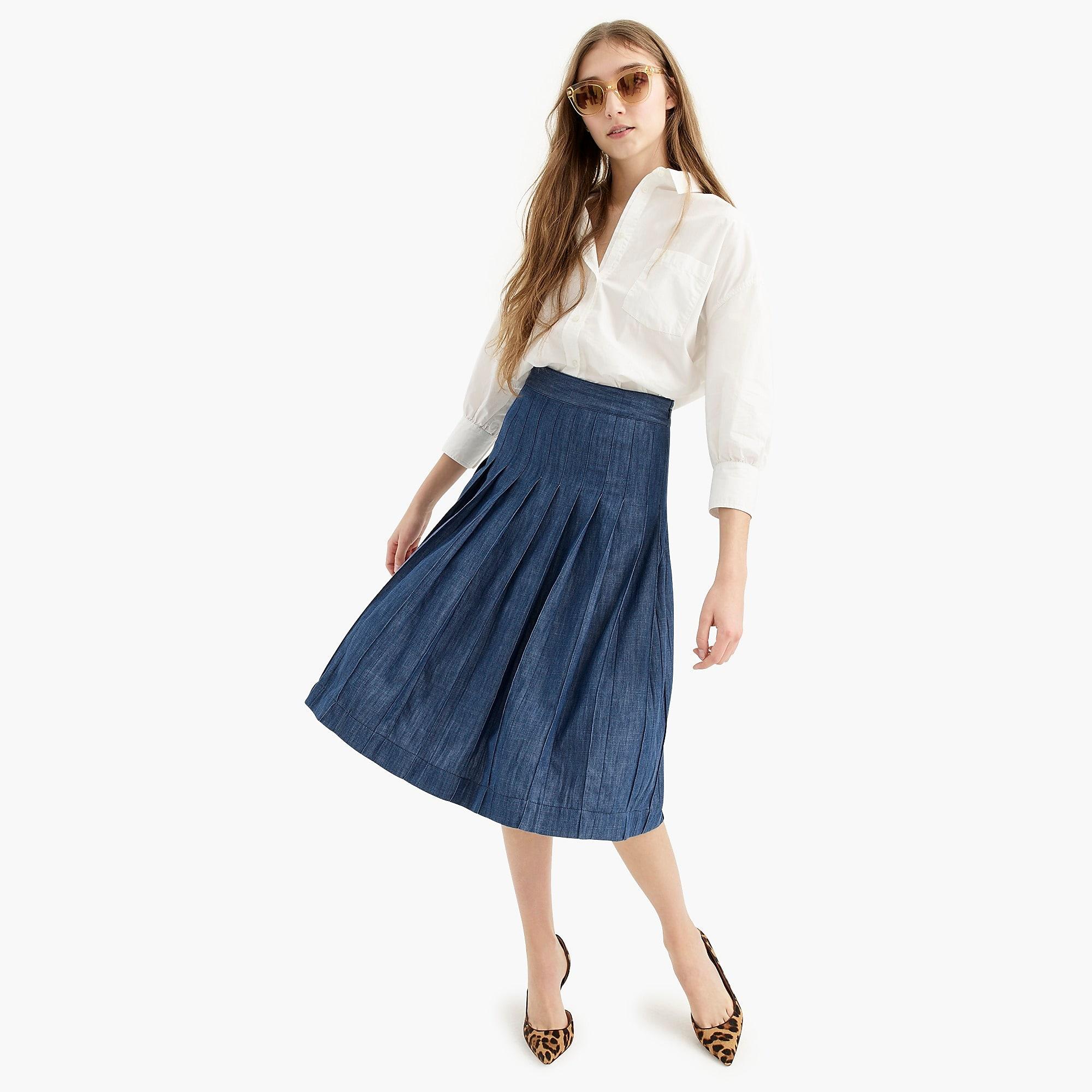J.Crew Cotton Pleated Chambray Midi Skirt in Blue Lyst