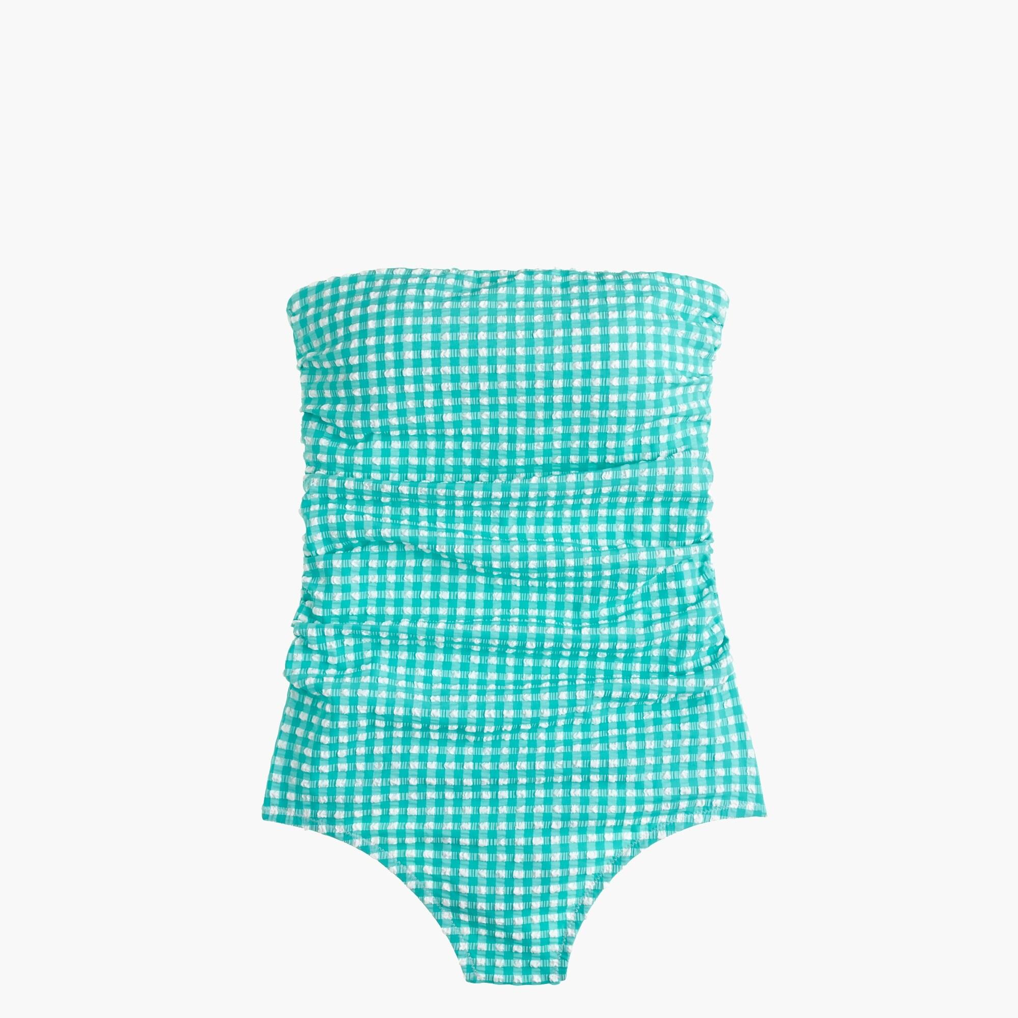 J Crew Synthetic Long Torso Gingham Ruched Bandeau One Piece Swimsuit In Blue Lyst