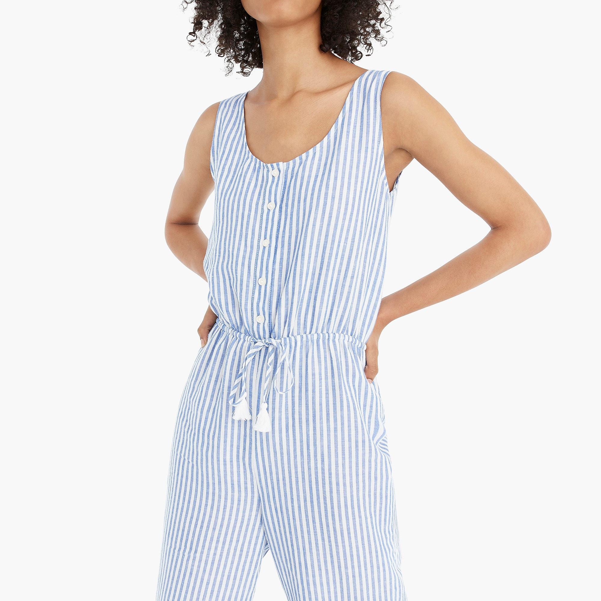 J.Crew Cotton Buttonfront Tiewaist Jumpsuit in Blue Lyst