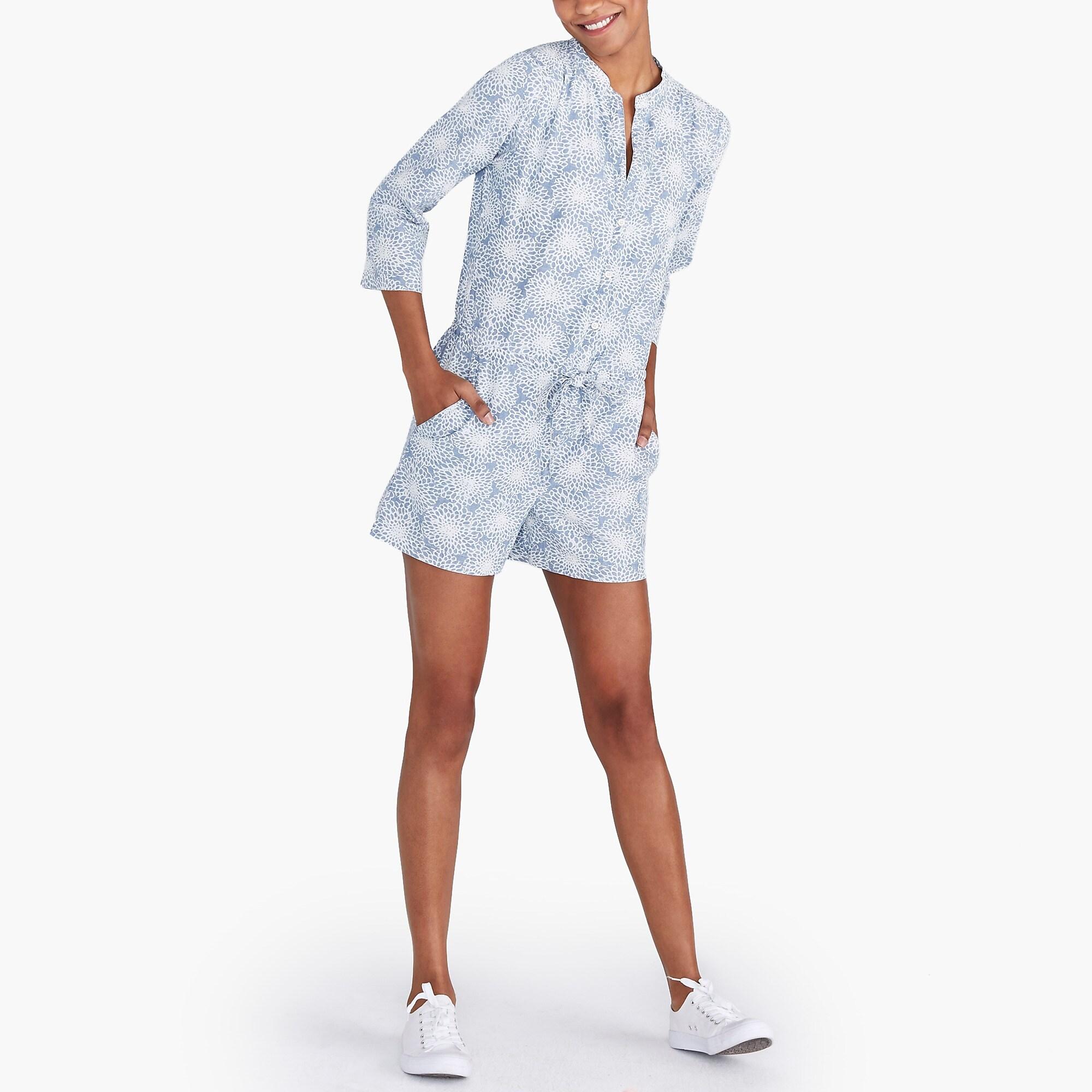 J.Crew Threequarter Sleeve Printed Denim Romper in Blue Lyst